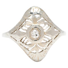 Anello Art Deco con diamante in filigrana Navette da 0,05 carati, oro bianco 18 carati, misura 5,75
