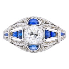 Art Deco 0.60 Carat Diamond Sapphire Platinum Engagement Ring