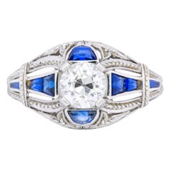 Art Deco 0.60 Carat Diamond Sapphire Platinum Engagement Ring