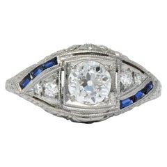 Art Deco 0.60 Carat Diamond Sapphire Platinum Floral Engagement Ring