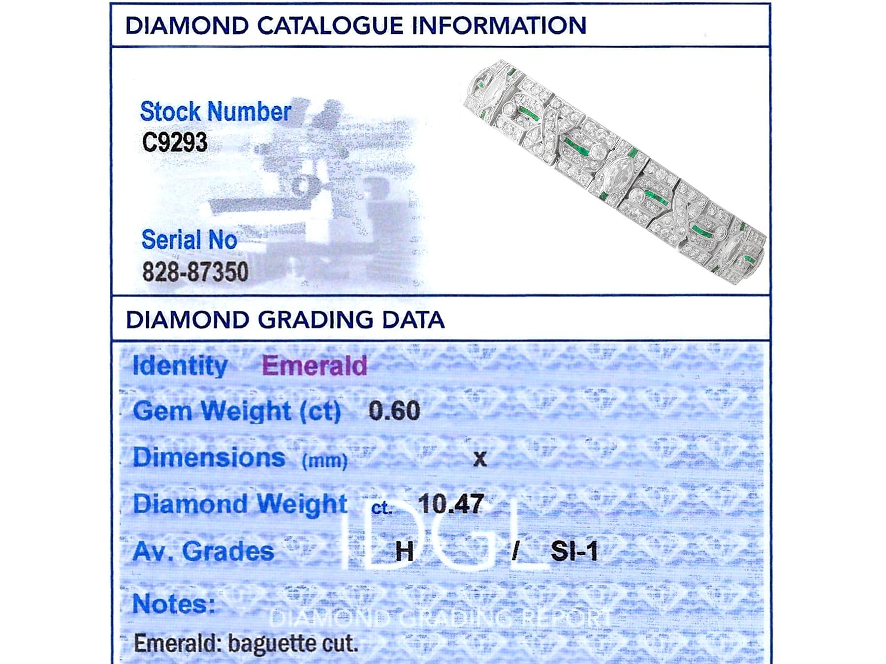 Art Deco 0.60 Carat Emerald, 10.47 Carat Diamond Platinum Bracelet Circa 1925 For Sale 9