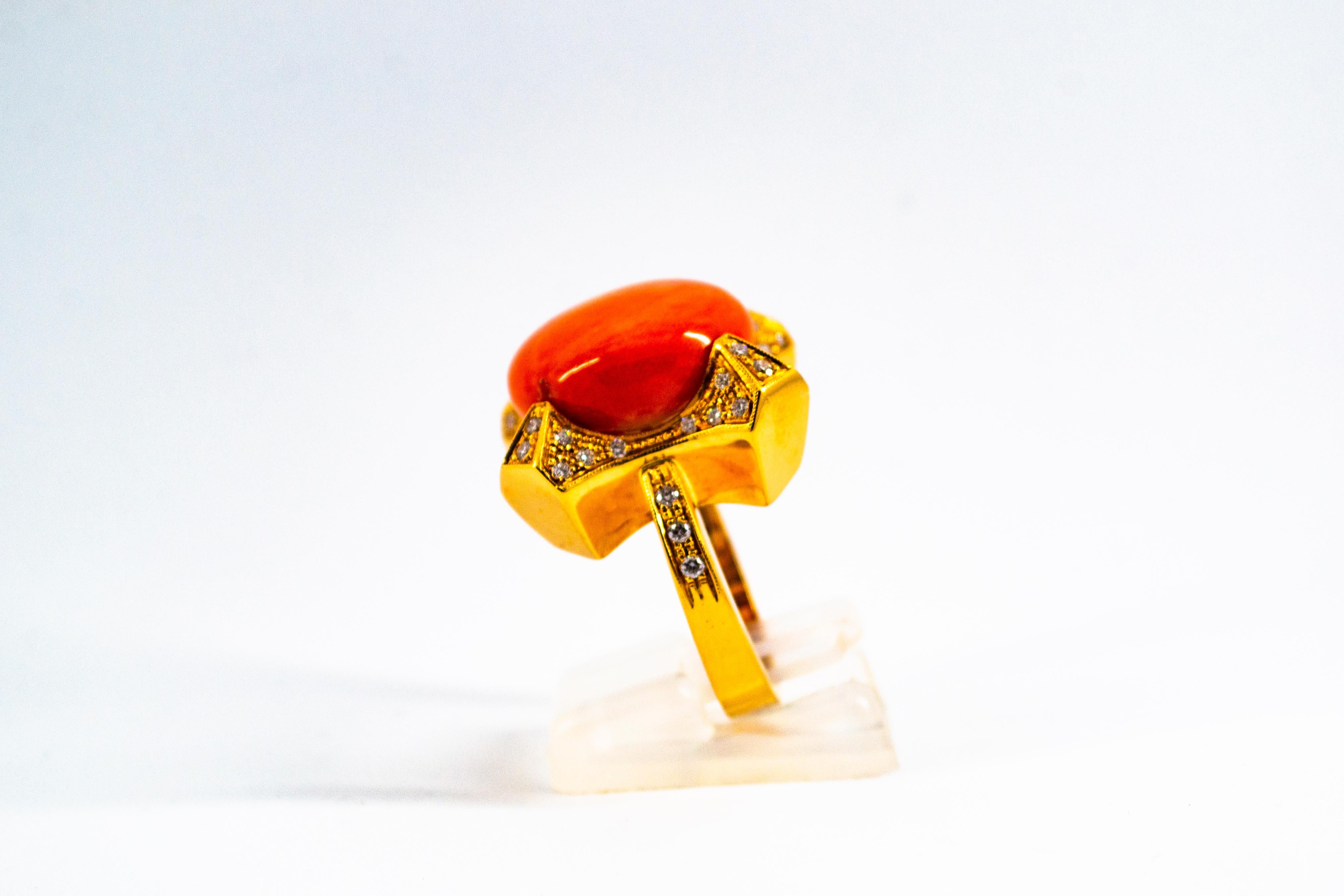 Cabochon Art Deco Style 0.60 Carat White Diamond Mediterranean Coral Yellow Gold Ring