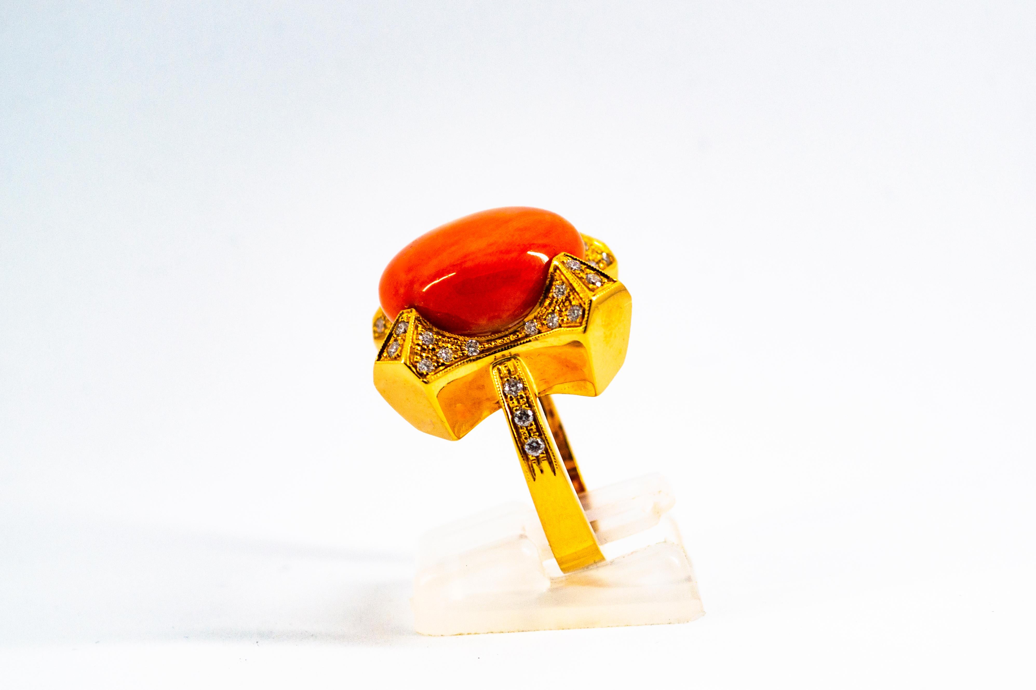 Art Deco Style 0.60 Carat White Diamond Mediterranean Coral Yellow Gold Ring In New Condition In Naples, IT