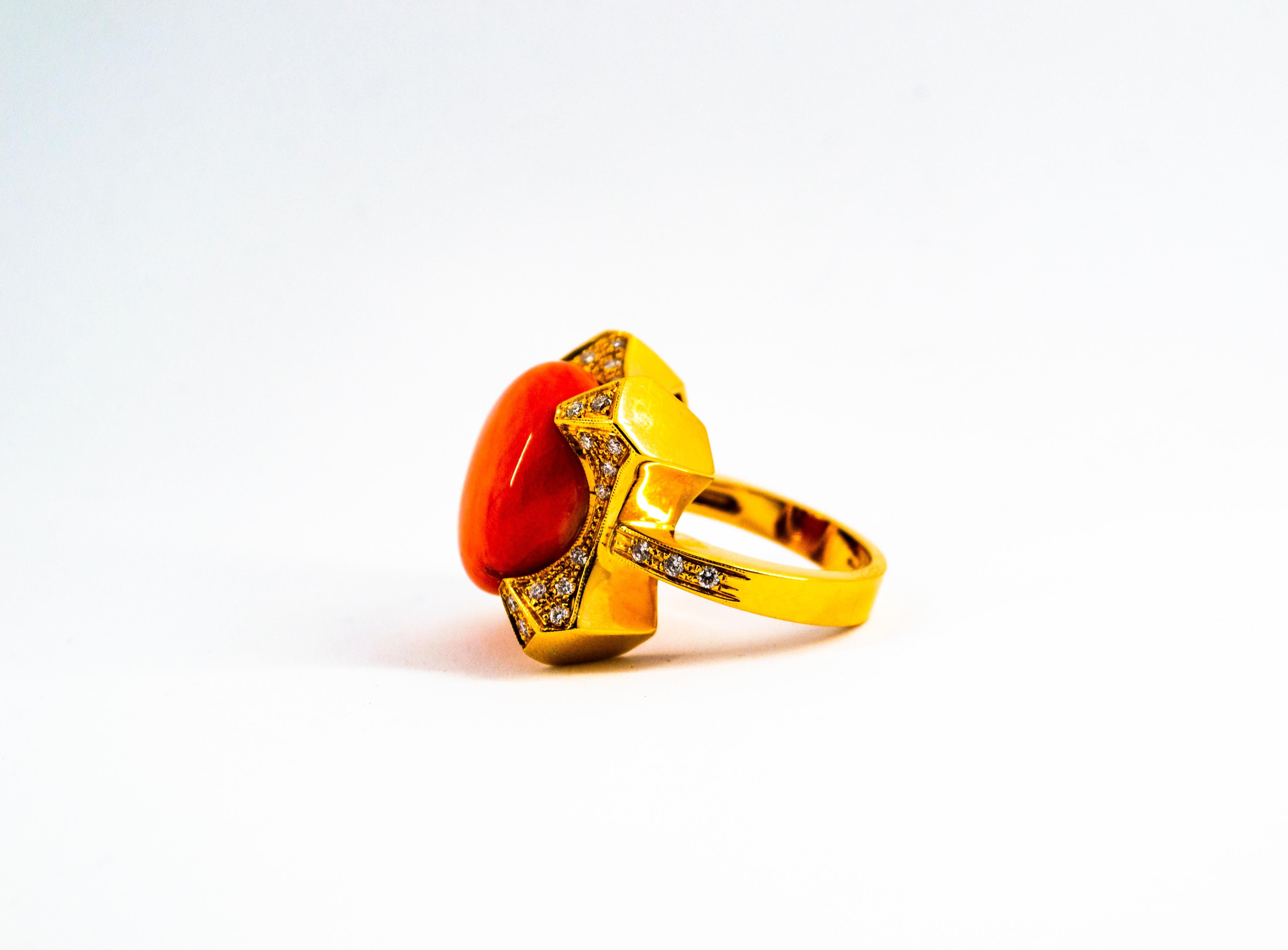 Women's or Men's Art Deco Style 0.60 Carat White Diamond Mediterranean Coral Yellow Gold Ring