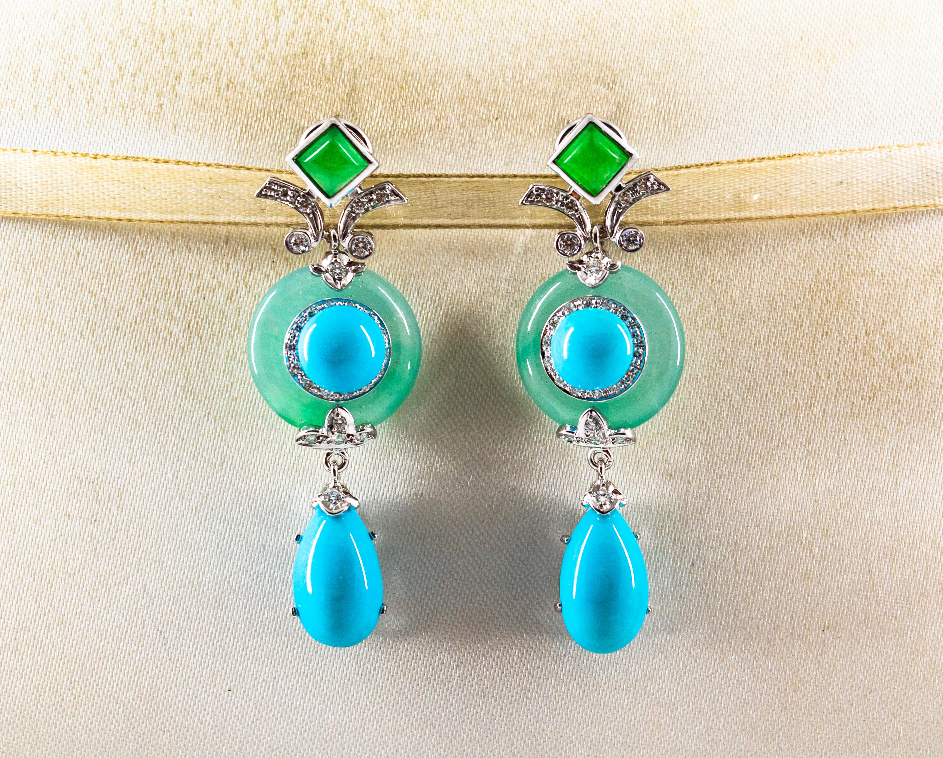 These Clip-On Earrings are made of 14K White Gold.
These Earrings have 0.60 Carats of White Diamonds.
These Earrings have also Natural Turquoise and Jade.
All our Earrings have pins for pierced ears but we can change the closure and make any of our