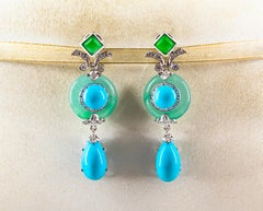Art Deco 0.60 Carat White Diamond Turquoise White Gold Drop Clip-On Earrings