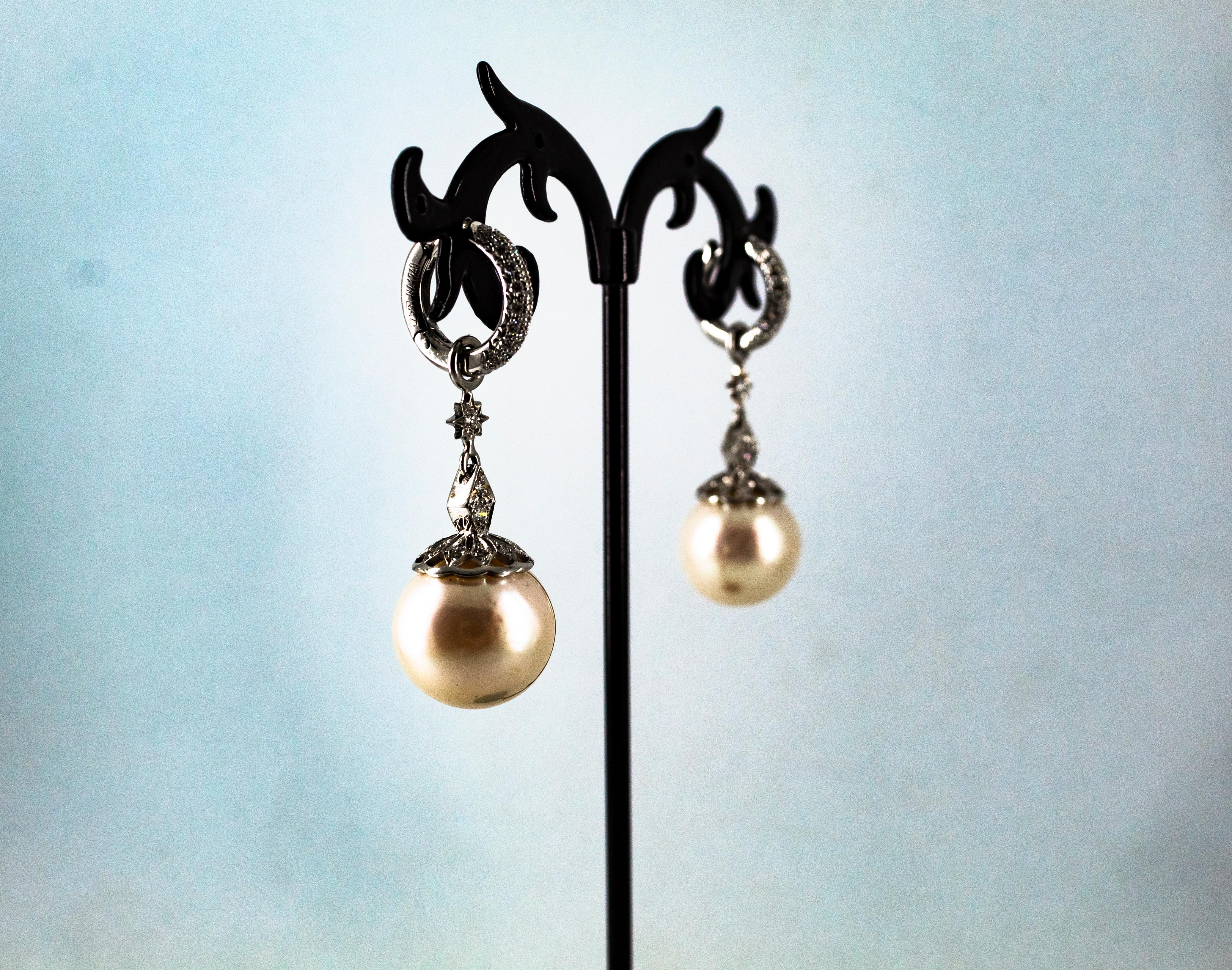 Art Deco Style 0.60 Carat White Modern Round Diamond Pearl White Gold Earrings 5