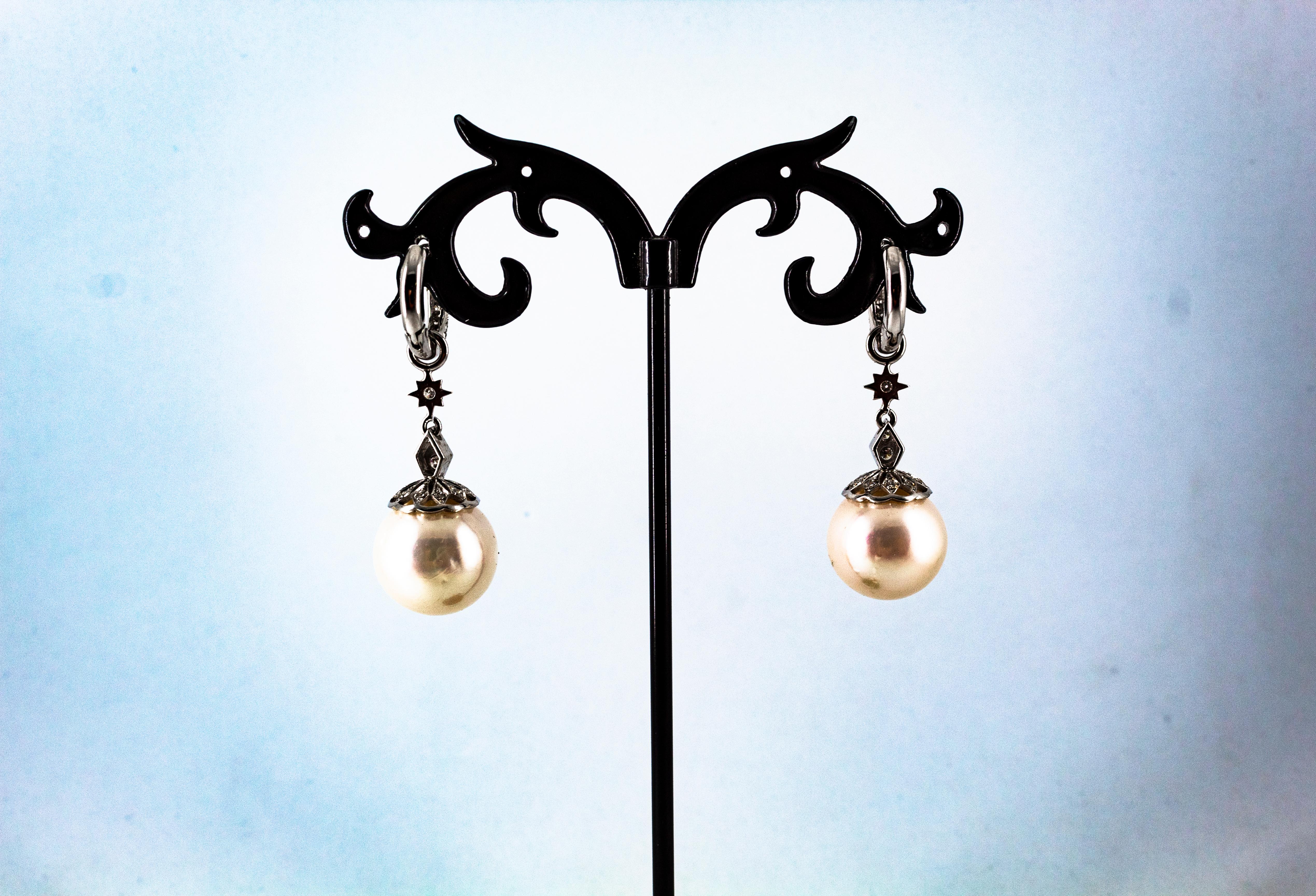 Art Deco Style 0.60 Carat White Modern Round Diamond Pearl White Gold Earrings 7