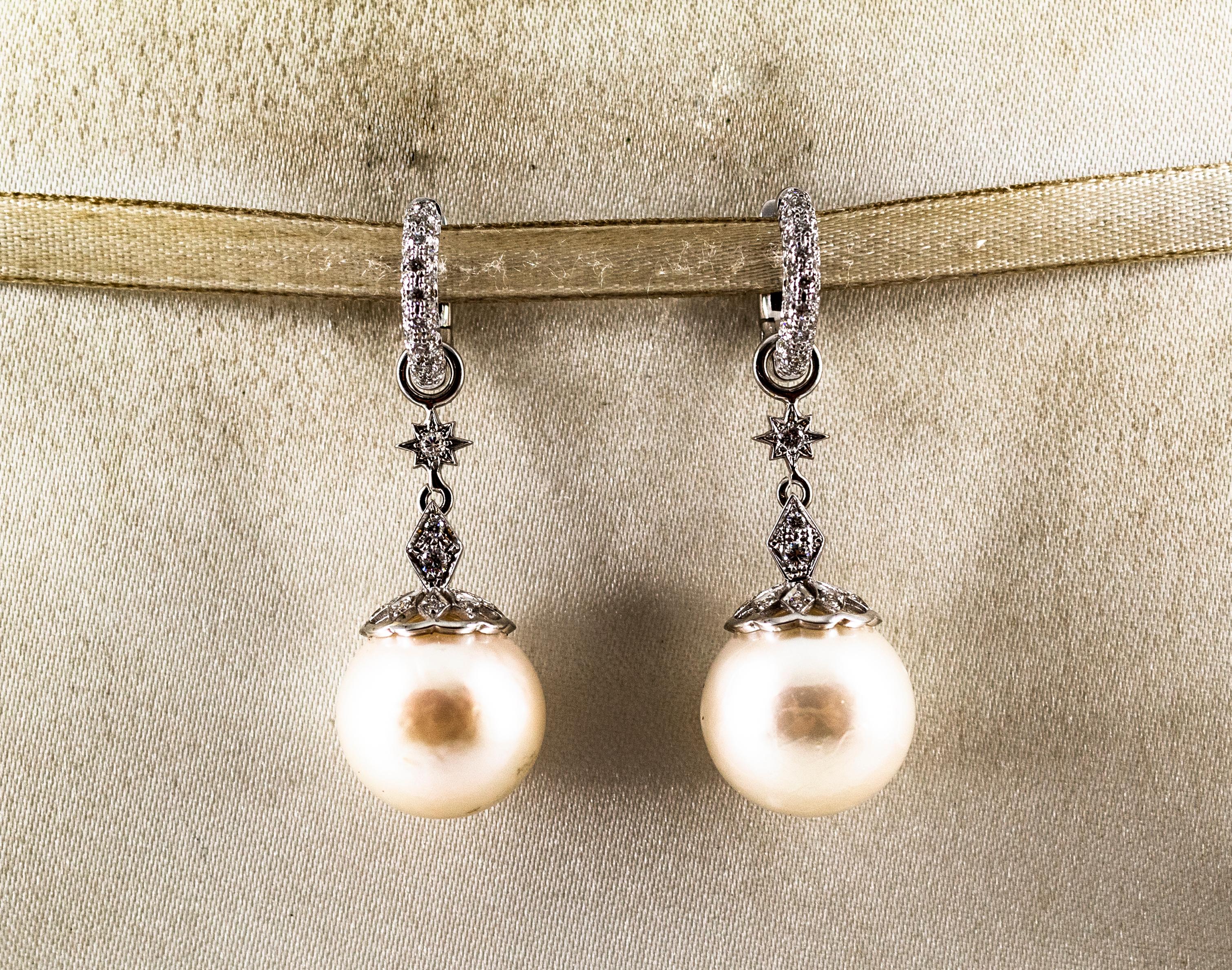 Brilliant Cut Art Deco Style 0.60 Carat White Modern Round Diamond Pearl White Gold Earrings