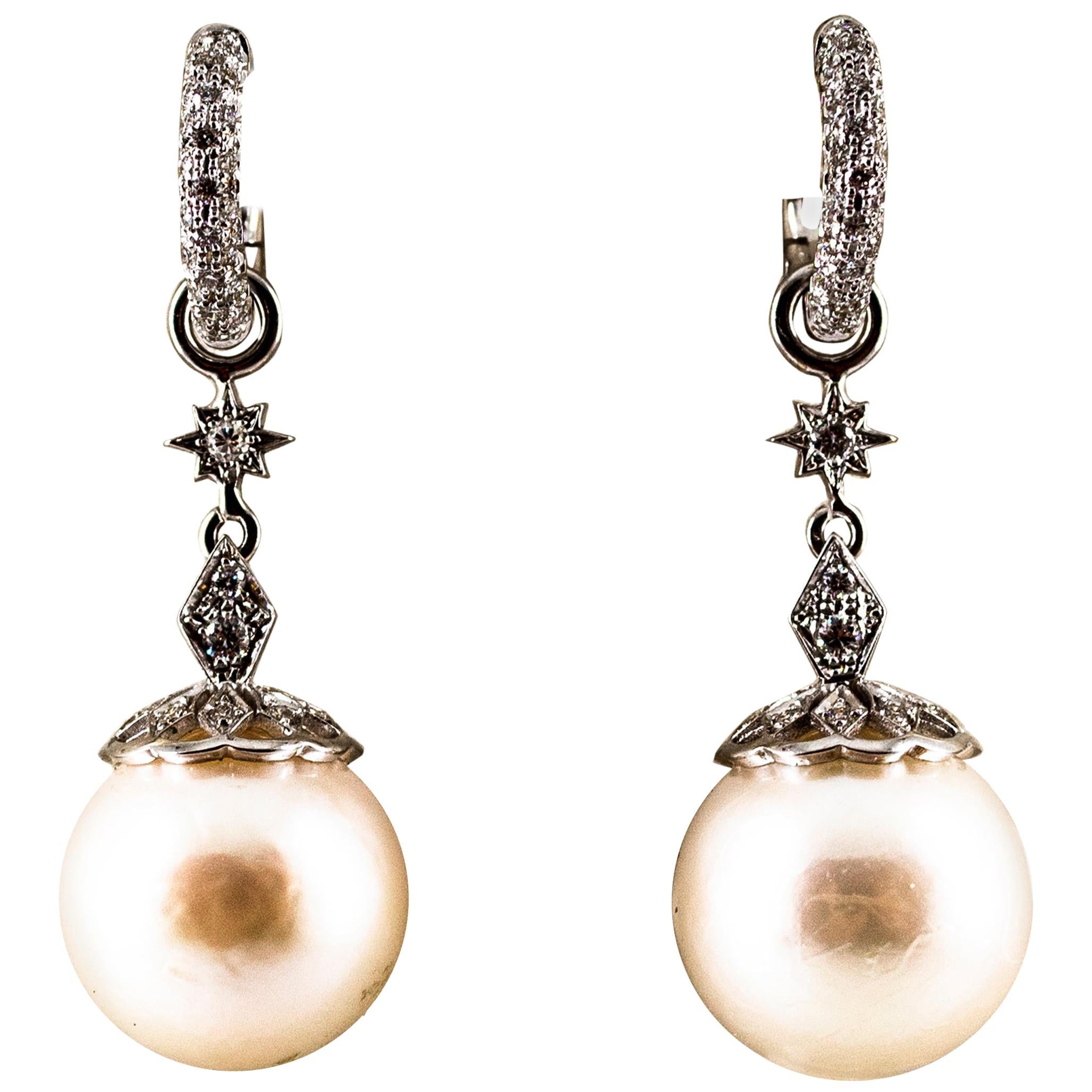 Art Deco Style 0.60 Carat White Modern Round Diamond Pearl White Gold Earrings