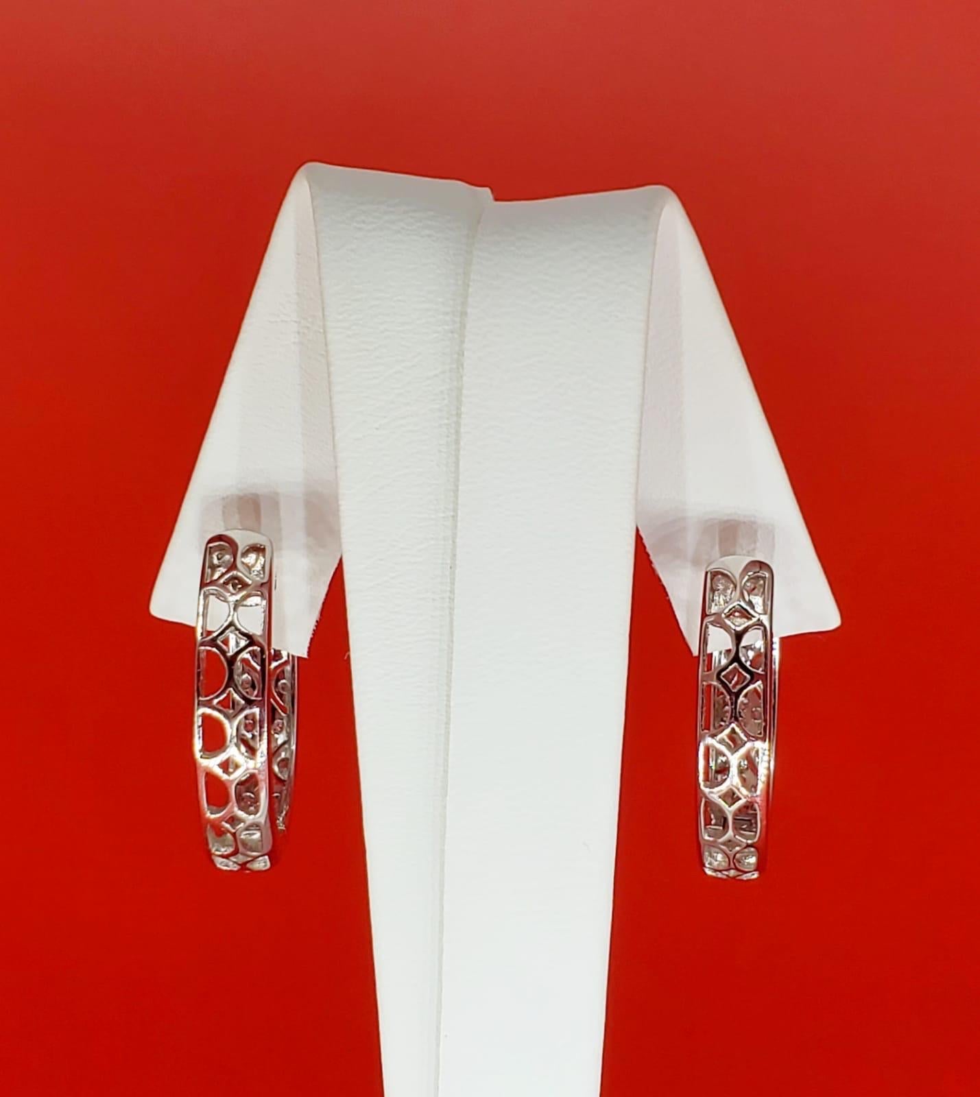 Round Cut Art Deco 0.60 Carat Diamond Hoop Earrings 14 Karat White Gold For Sale