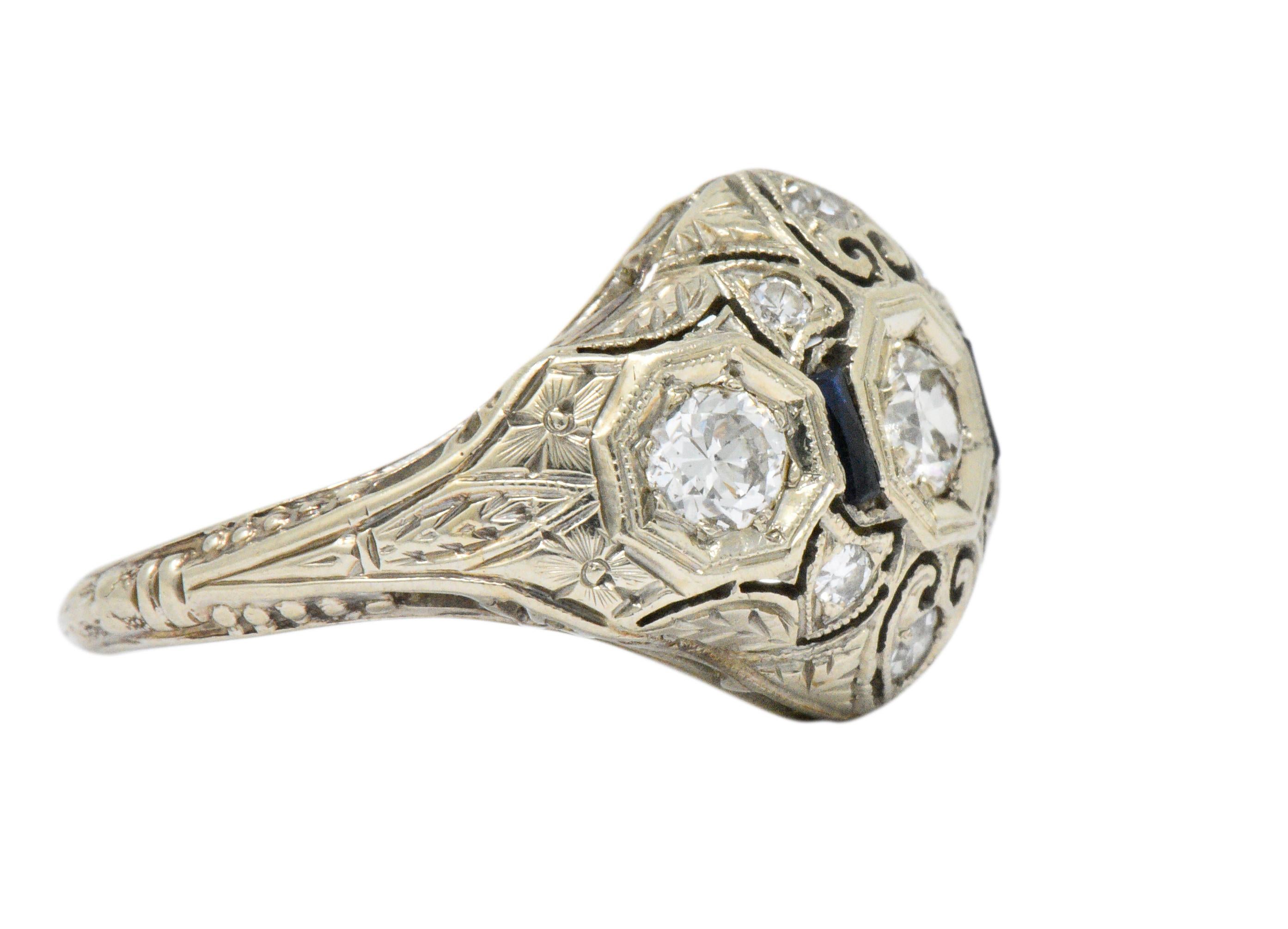 Old European Cut Art Deco 0.60 Carat Diamond Sapphire 18 Karat White Gold Ring