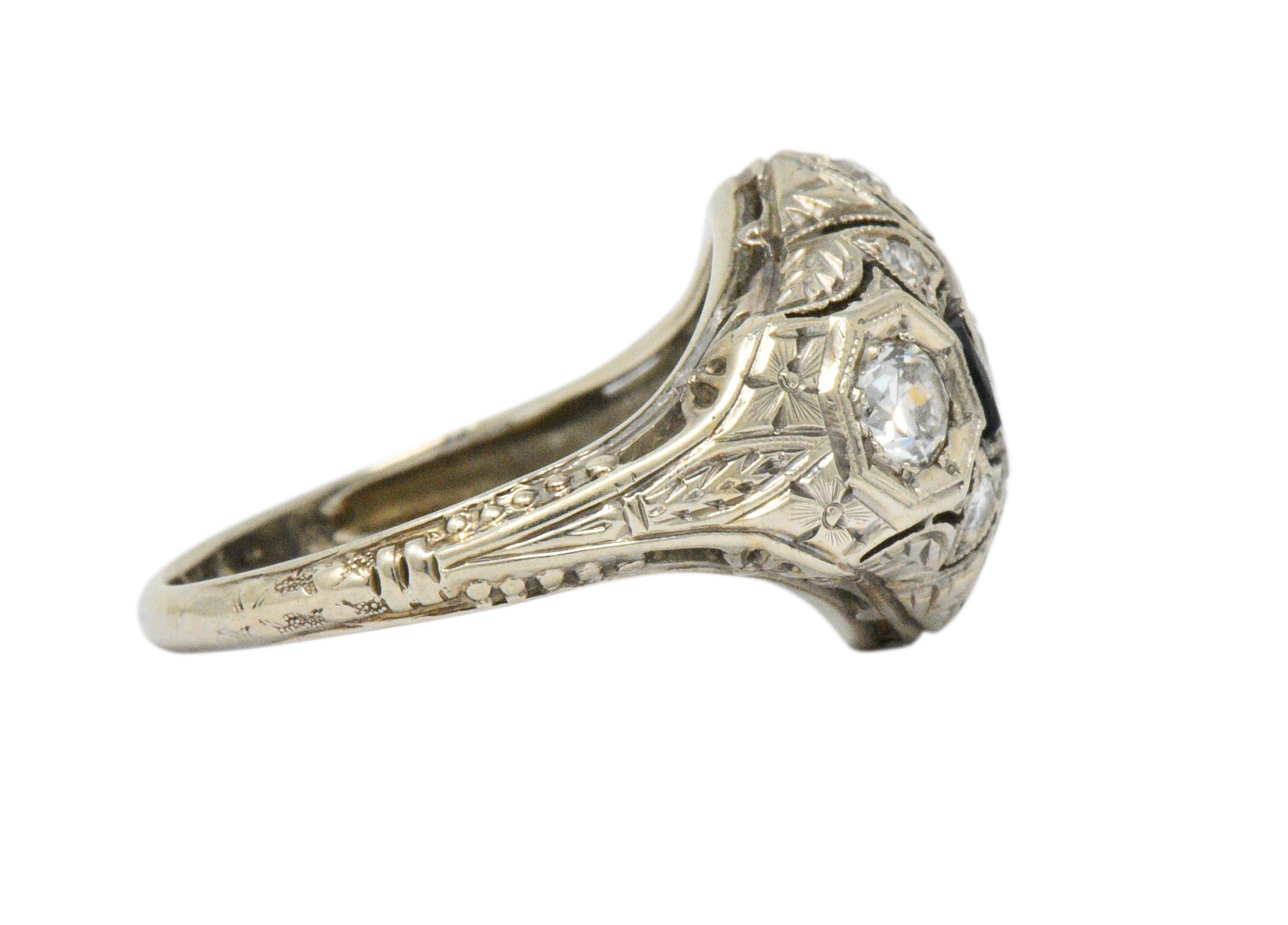 Art Deco 0.60 Carat Diamond Sapphire 18 Karat White Gold Ring In Excellent Condition In Philadelphia, PA