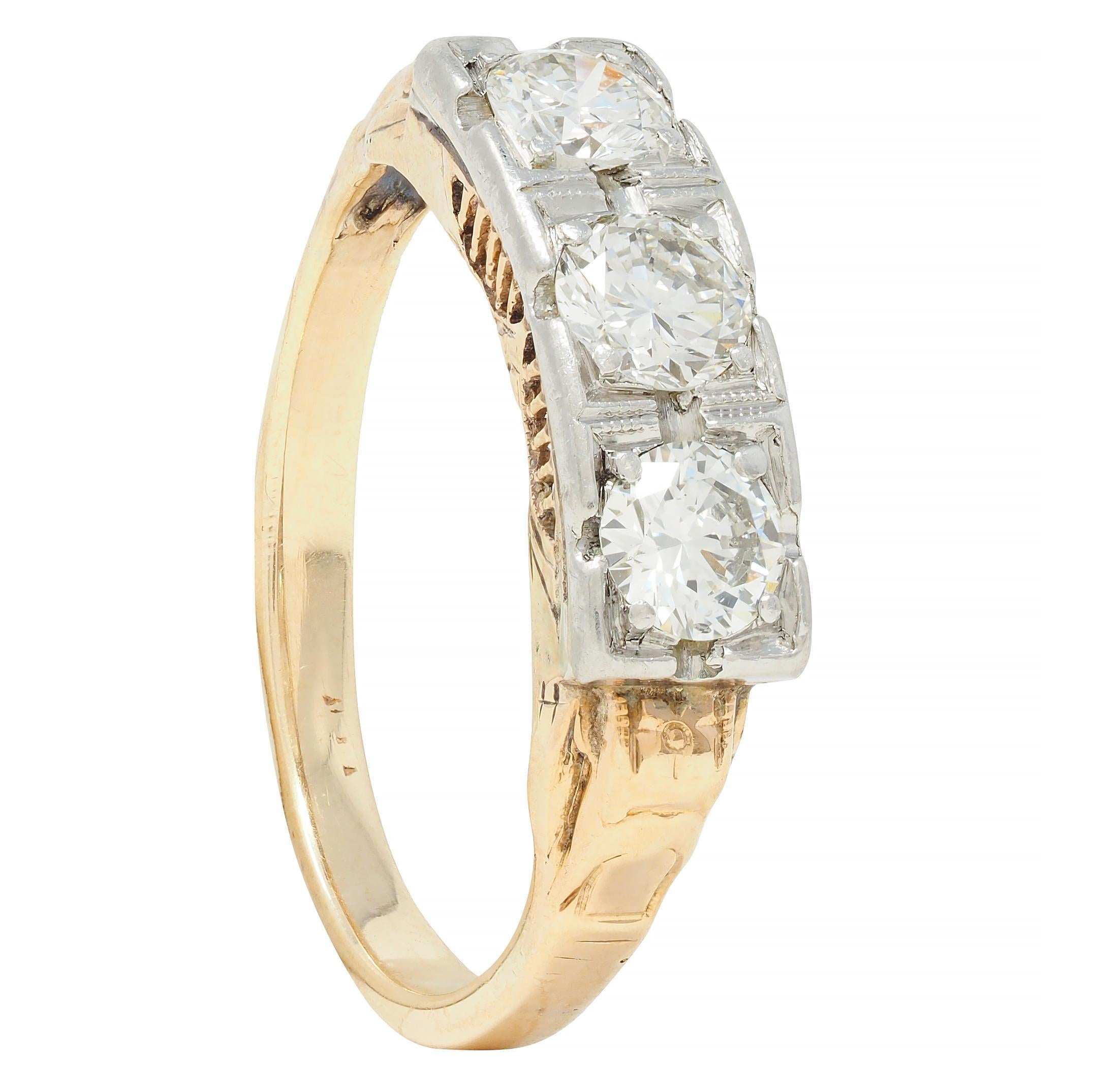 Art Deco 0.60 CTW Diamond Platinum 14 Karat Gold Three Stone Antique Band Ring For Sale 5