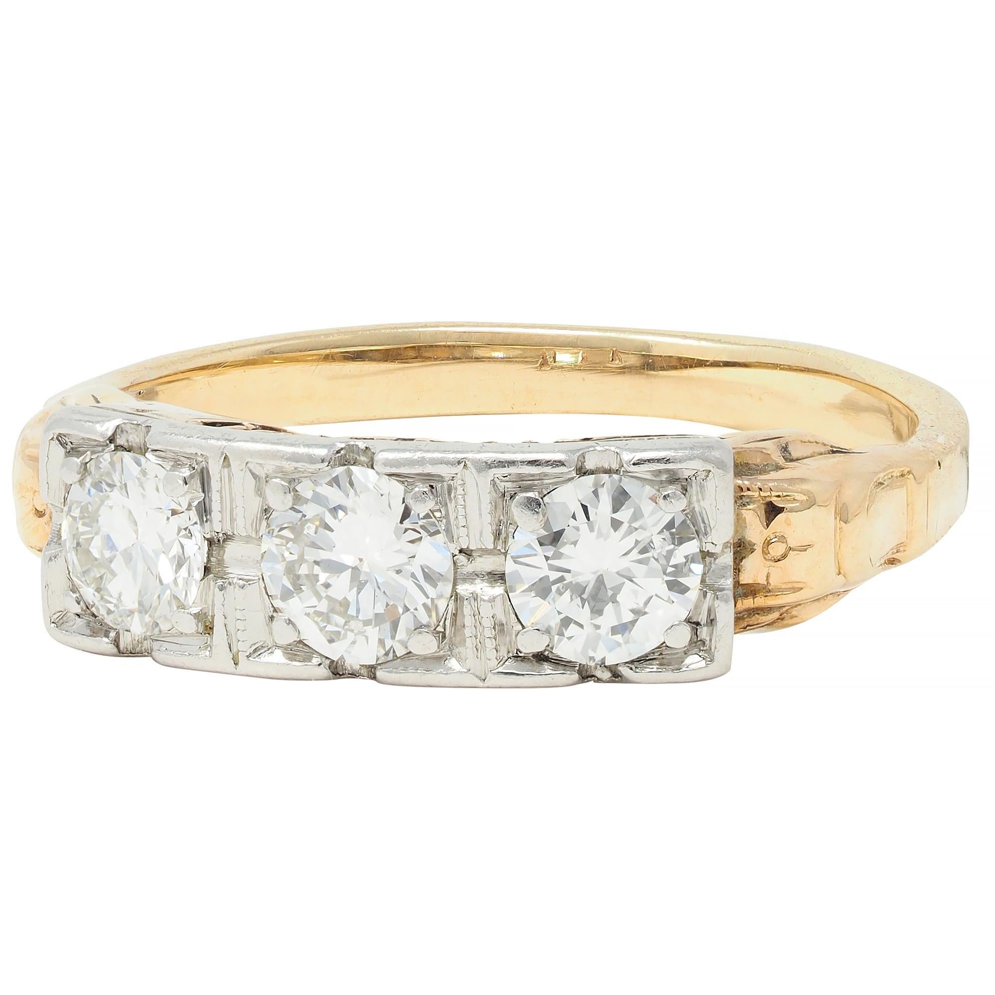 Art Deco 0.60 CTW Diamond Platinum 14 Karat Gold Three Stone Antique Band Ring For Sale 1