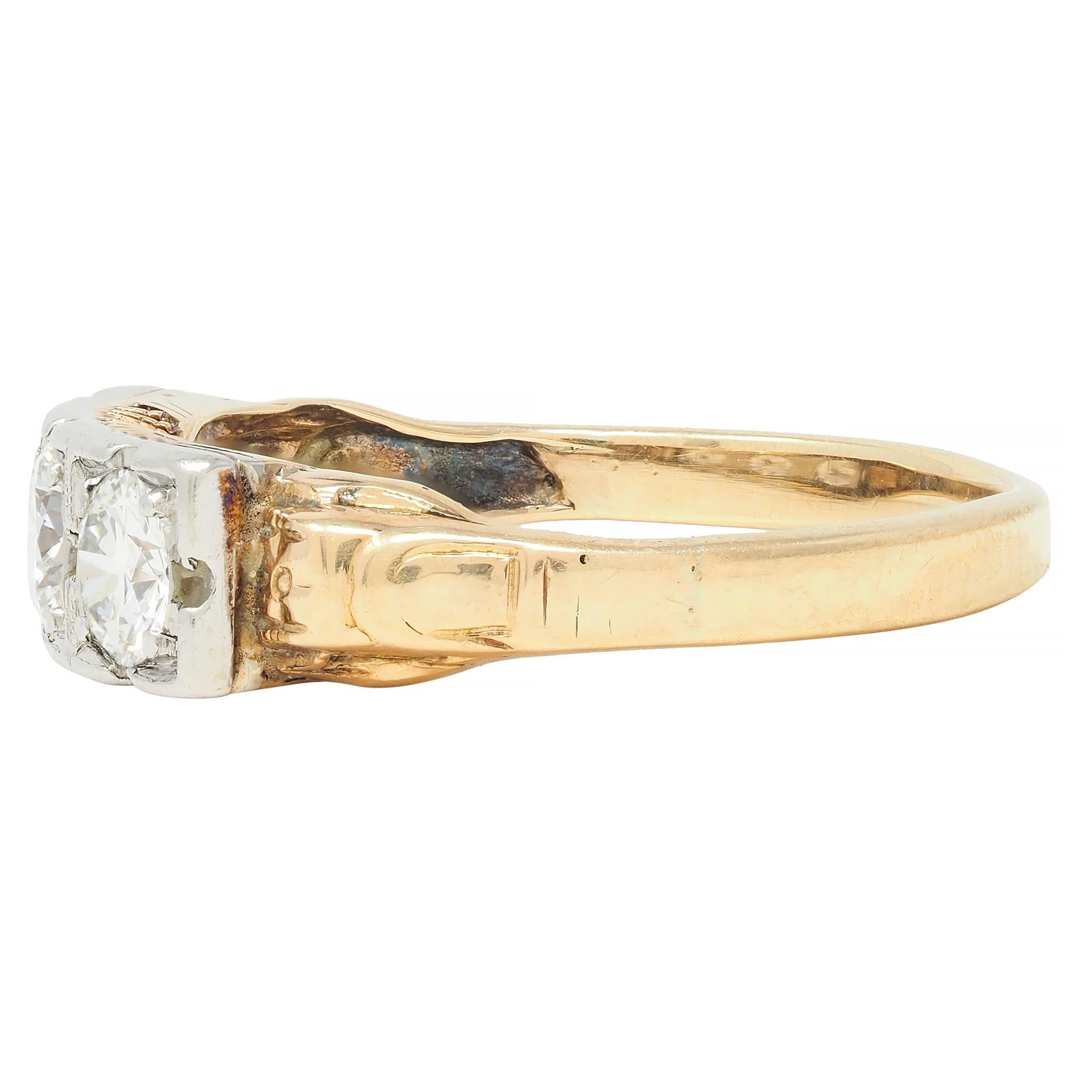 Antiker Art Deco 0,60 Karat Diamant Platin 14 Karat Gold Drei Stein Antiker Ring im Zustand „Hervorragend“ im Angebot in Philadelphia, PA