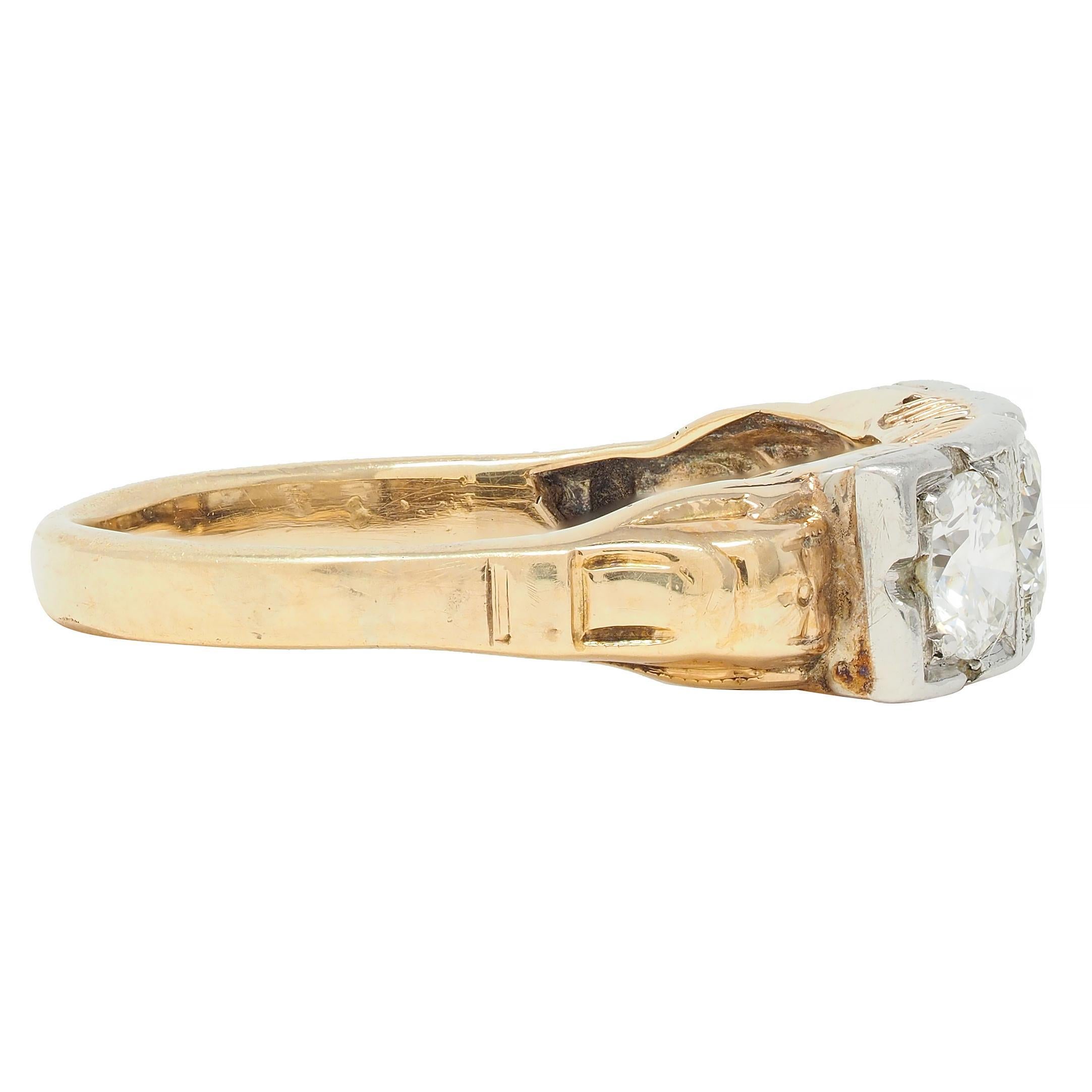 Round Cut Art Deco 0.60 CTW Diamond Platinum 14 Karat Gold Three Stone Antique Band Ring For Sale
