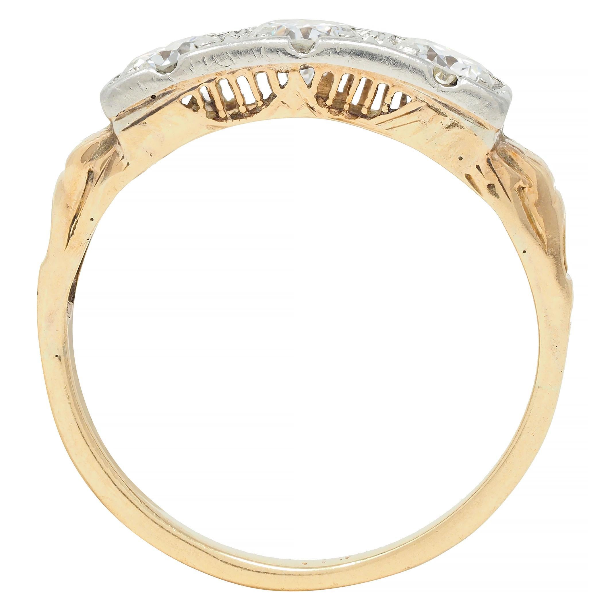 Art Deco 0.60 CTW Diamond Platinum 14 Karat Gold Three Stone Antique Band Ring For Sale 3
