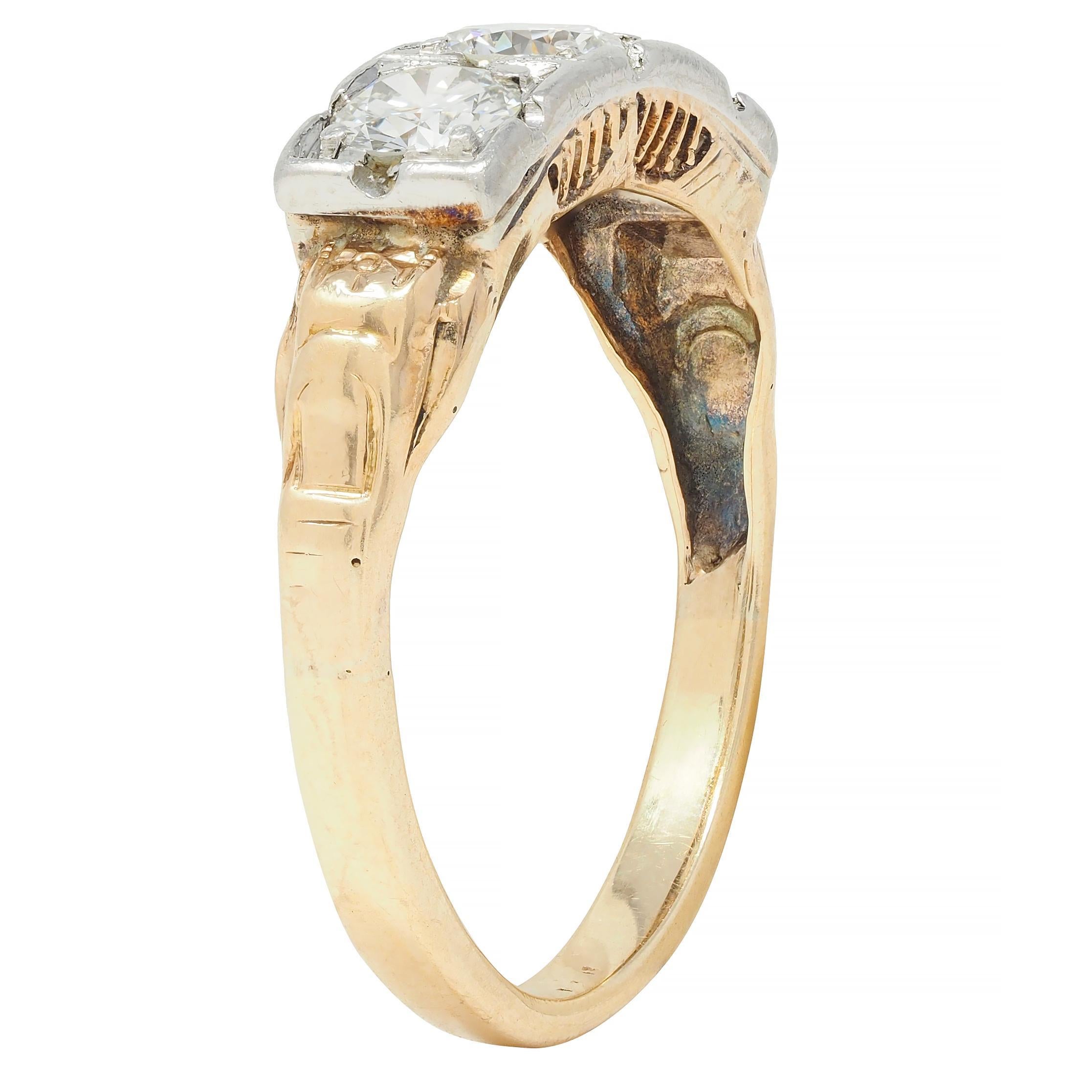 Art Deco 0.60 CTW Diamond Platinum 14 Karat Gold Three Stone Antique Band Ring For Sale 4