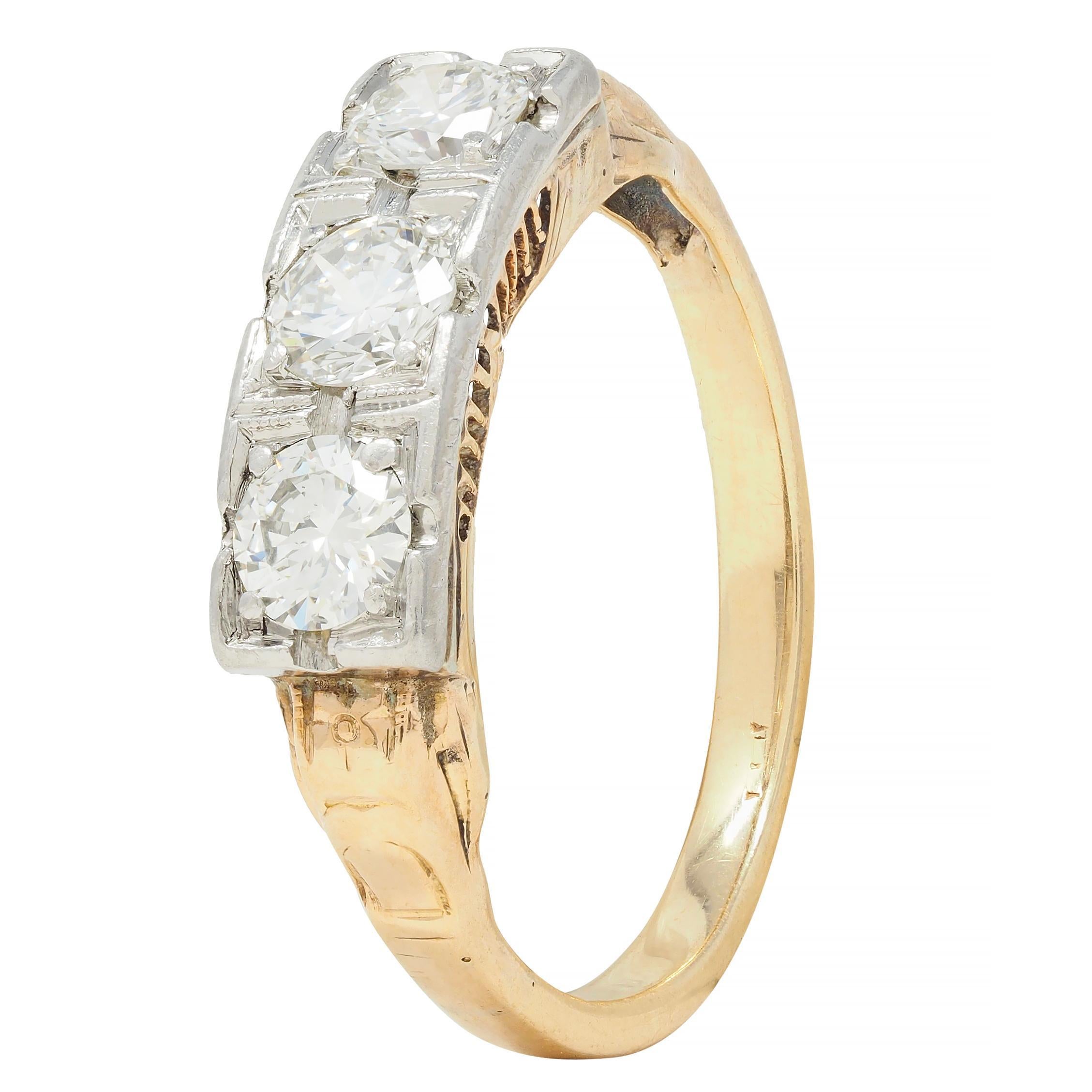 Art Deco 0.60 CTW Diamond Platinum 14 Karat Gold Three Stone Antique Band Ring For Sale 2