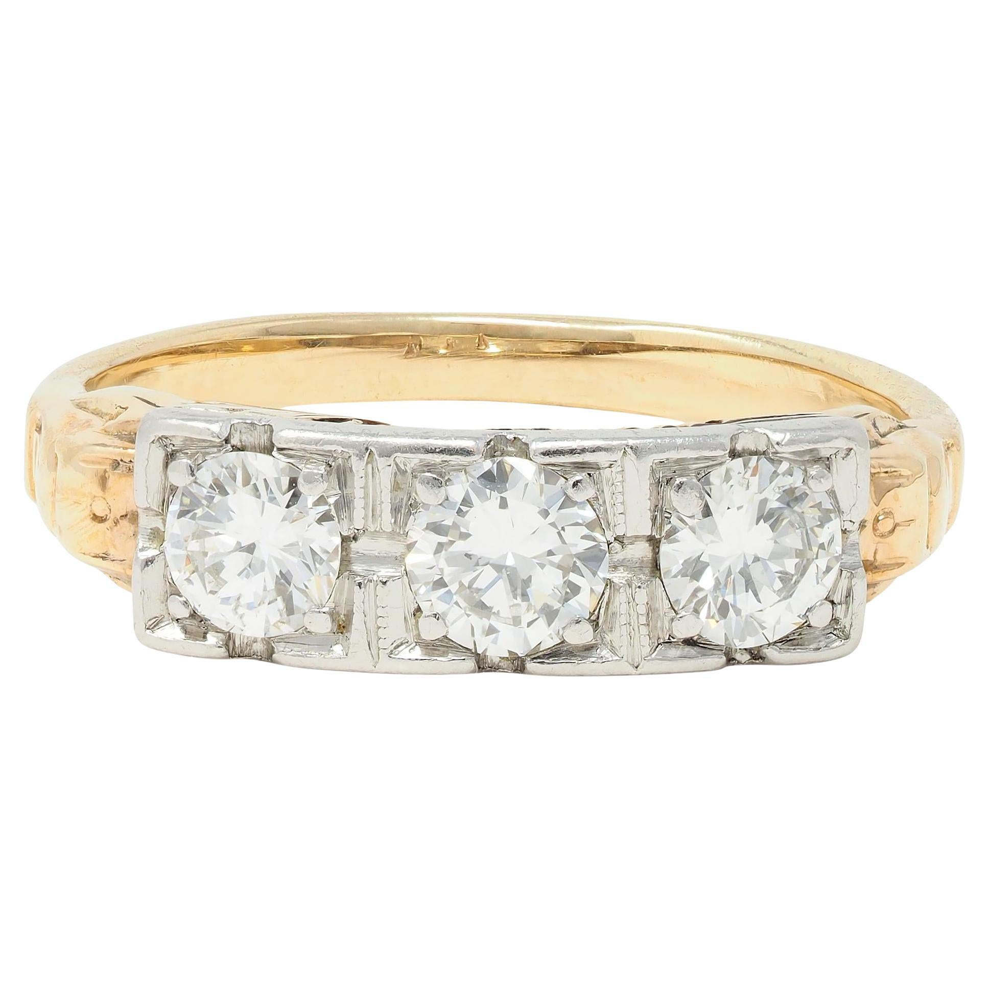 Art Deco 0.60 CTW Diamond Platinum 14 Karat Gold Three Stone Antique Band Ring For Sale