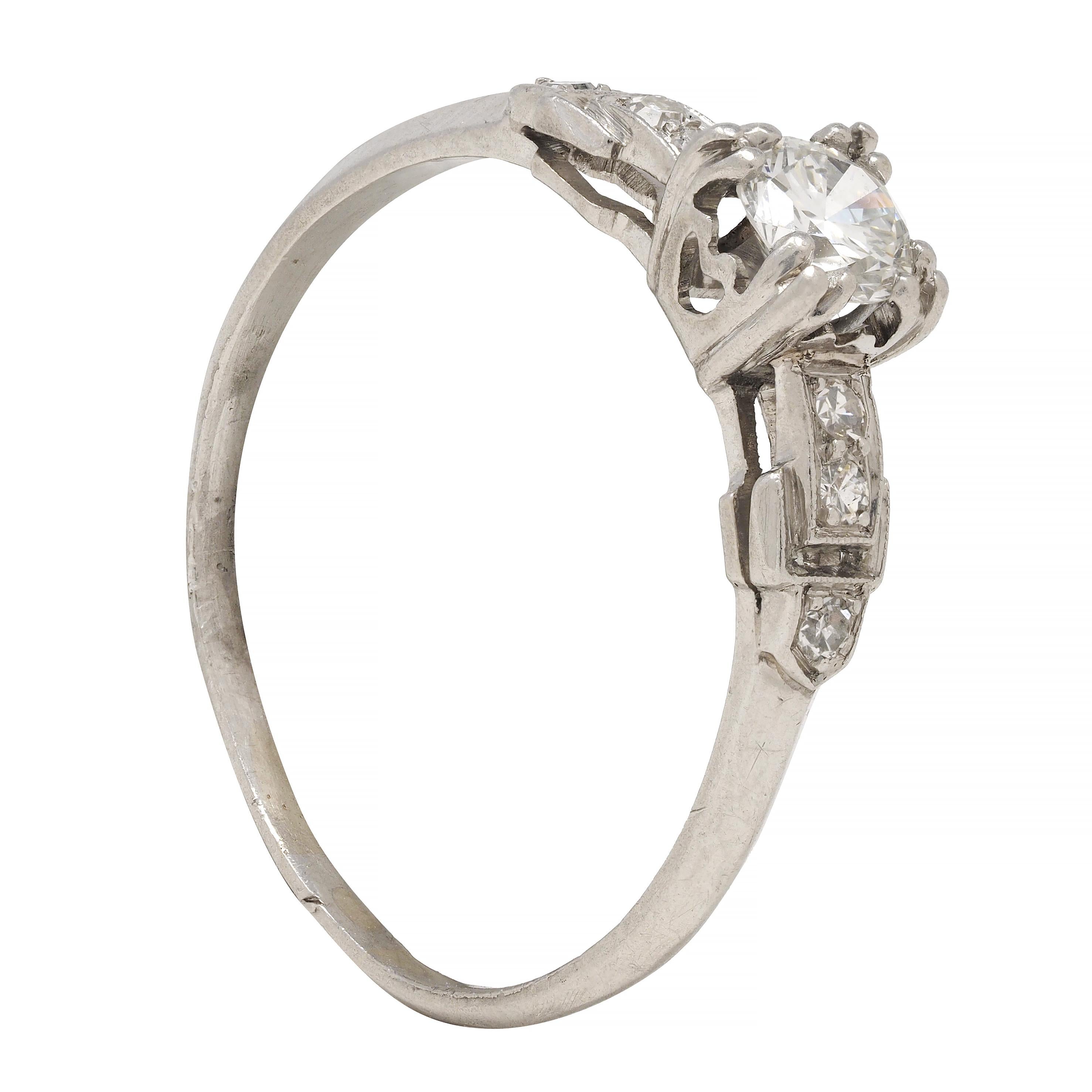 Art Deco 0.60 CTW Diamond Platinum Heart Buckle Vintage Engagement Ring For Sale 6
