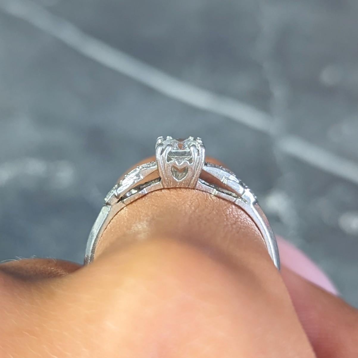 Art Deco 0.60 CTW Diamond Platinum Heart Buckle Vintage Engagement Ring For Sale 8