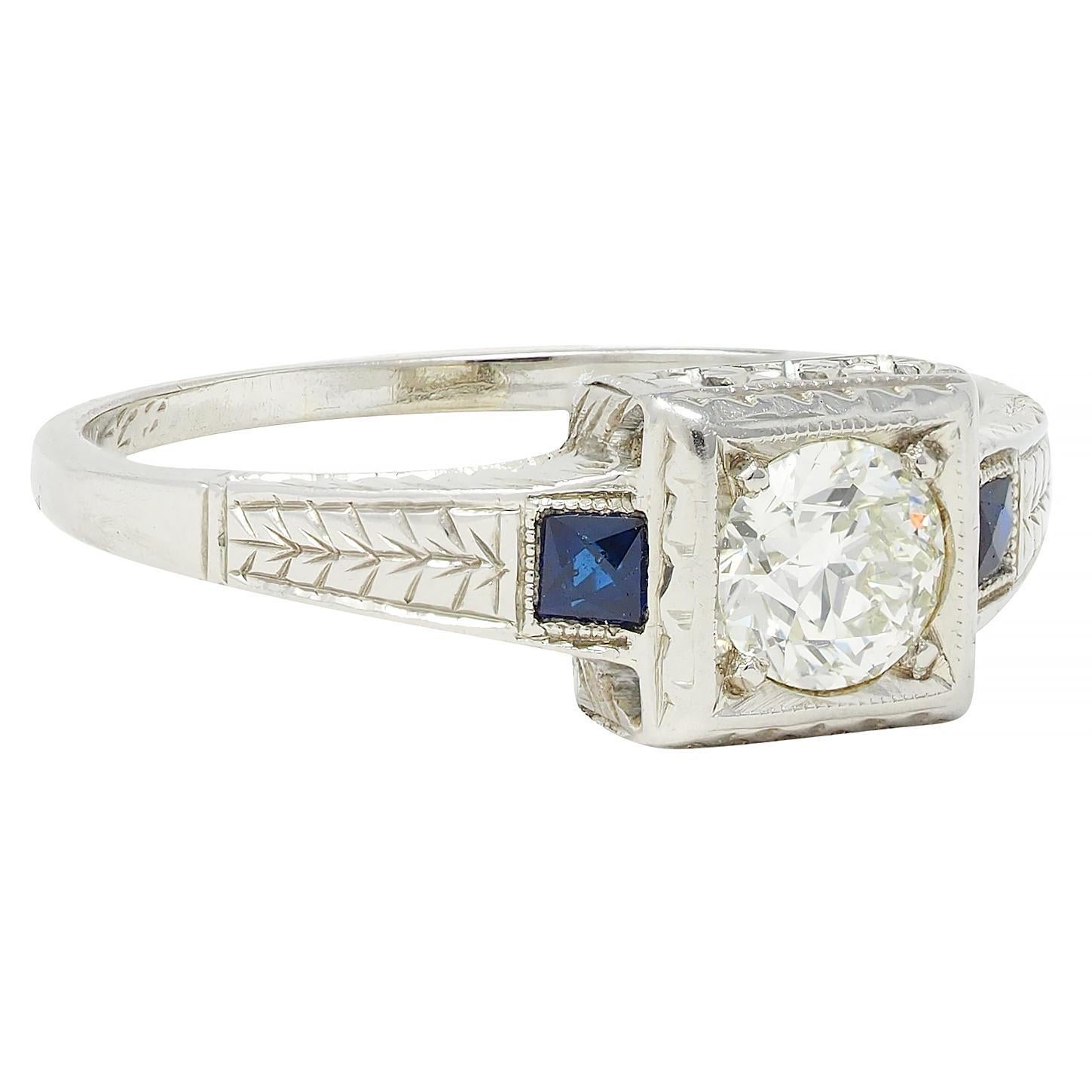 Old European Cut Art Deco 0.60 CTW Diamond Sapphire 18 Karat Gold Vintage Wheat Engagement Ring For Sale