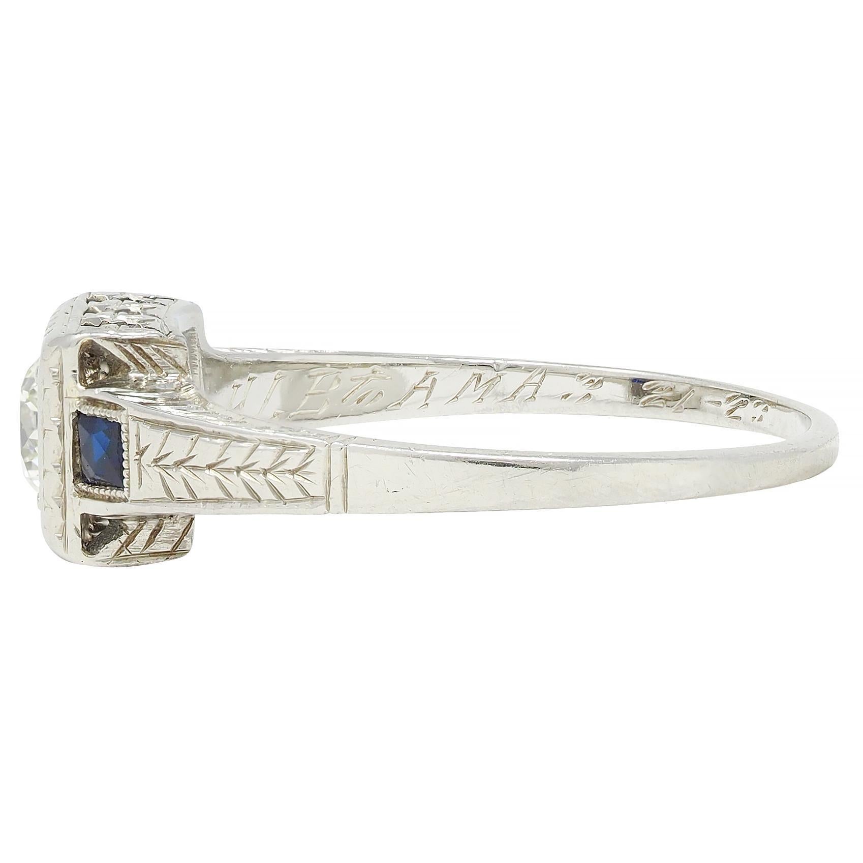 Art Deco 0.60 CTW Diamond Sapphire 18 Karat Gold Vintage Wheat Engagement Ring For Sale 1