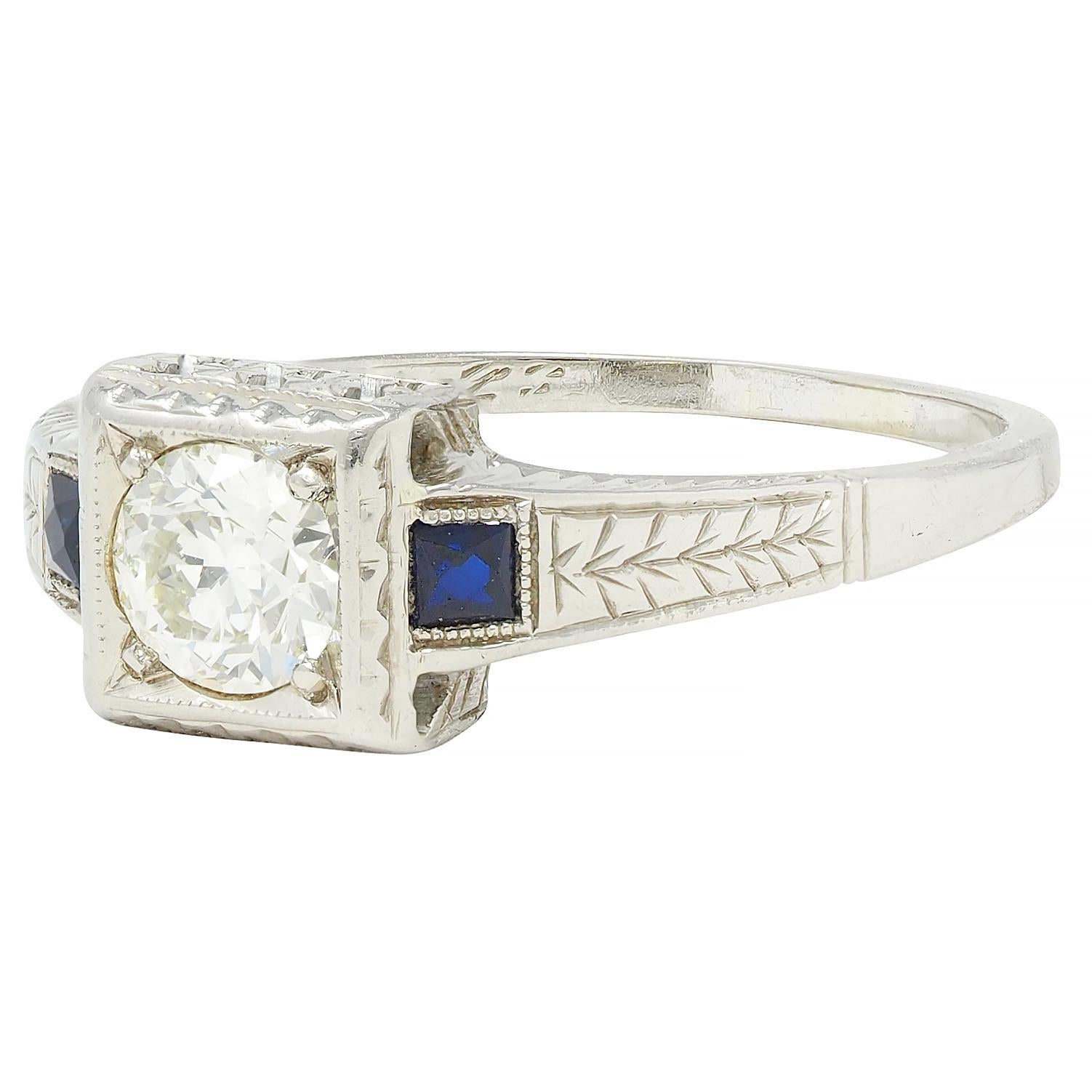 Art Deco 0.60 CTW Diamond Sapphire 18 Karat Gold Vintage Wheat Engagement Ring For Sale 2