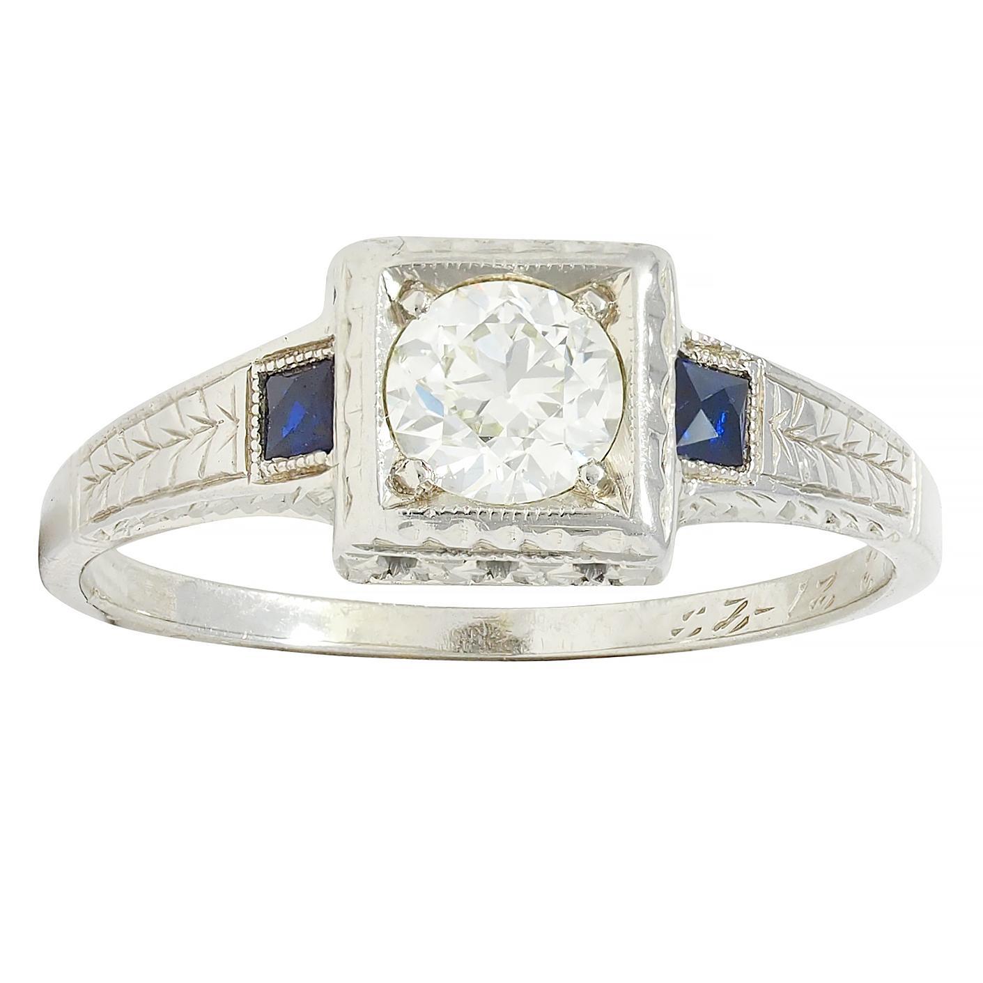 Art Deco 0.60 CTW Diamond Sapphire 18 Karat Gold Vintage Wheat Engagement Ring For Sale 3