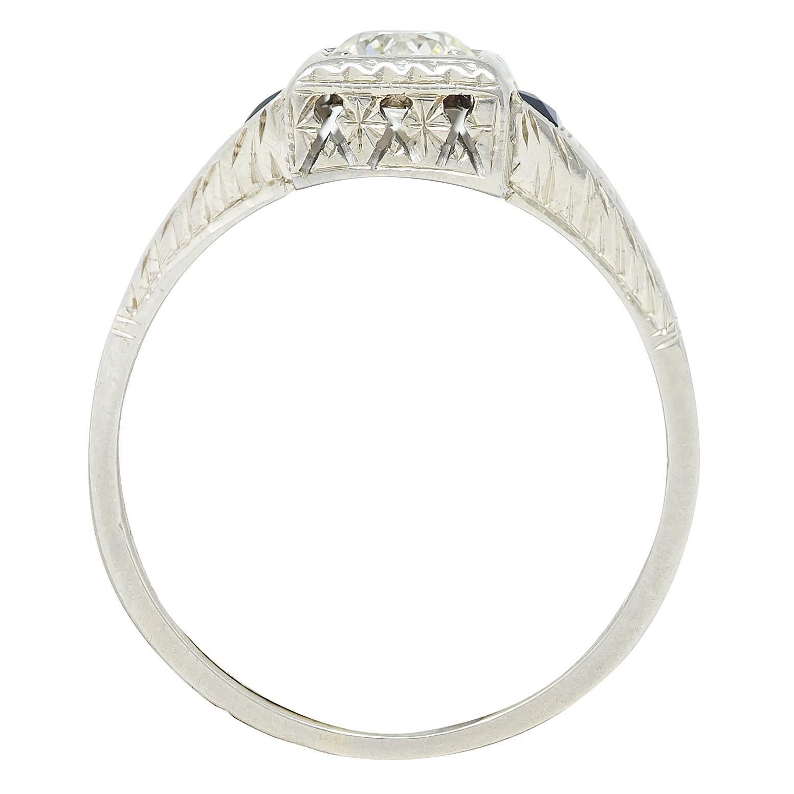 Art Deco 0.60 CTW Diamond Sapphire 18 Karat Gold Vintage Wheat Engagement Ring For Sale 4