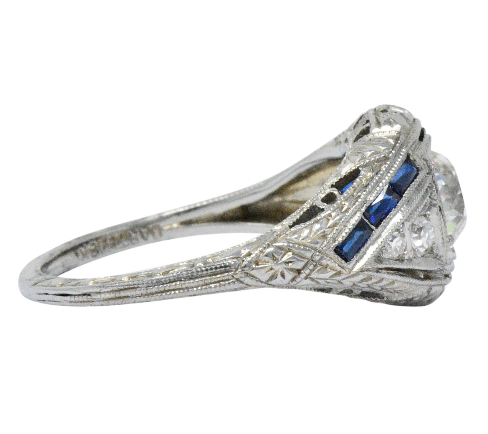 Art Deco 0.60 Carat Diamond Sapphire Platinum Floral Engagement Ring In Excellent Condition In Philadelphia, PA