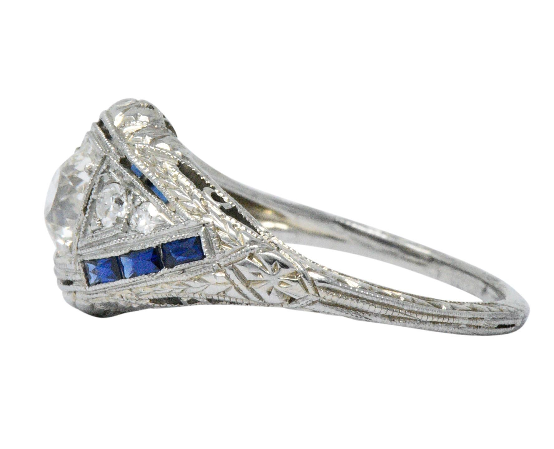 Women's or Men's Art Deco 0.60 Carat Diamond Sapphire Platinum Floral Engagement Ring
