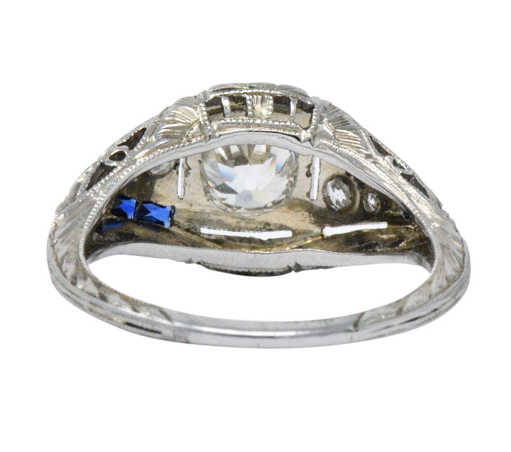 Art Deco 0.60 Carat Diamond Sapphire Platinum Floral Engagement Ring 1