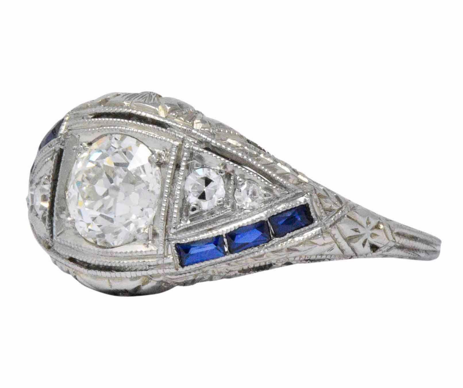 Art Deco 0.60 Carat Diamond Sapphire Platinum Floral Engagement Ring 2