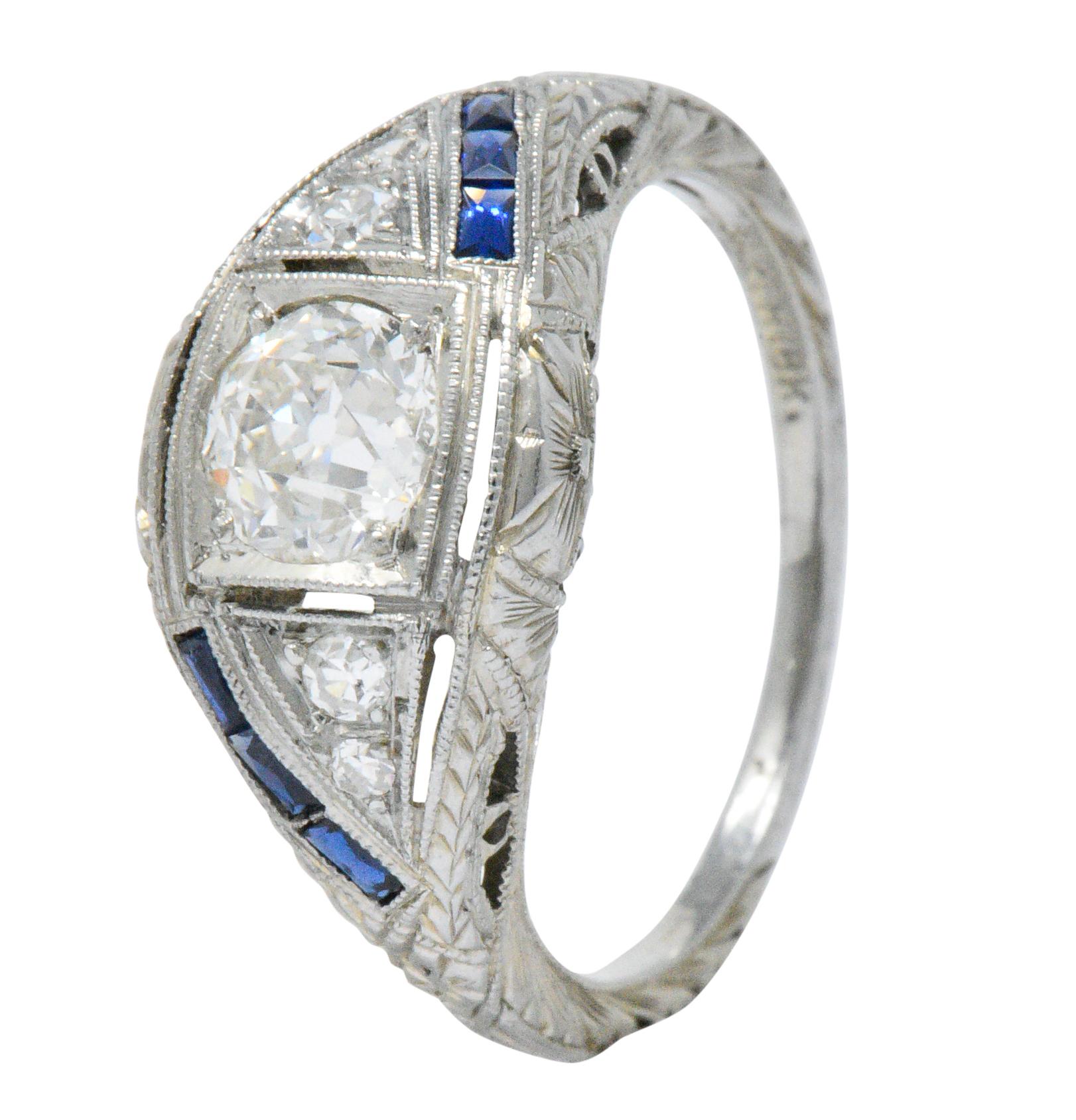 Art Deco 0.60 Carat Diamond Sapphire Platinum Floral Engagement Ring 3