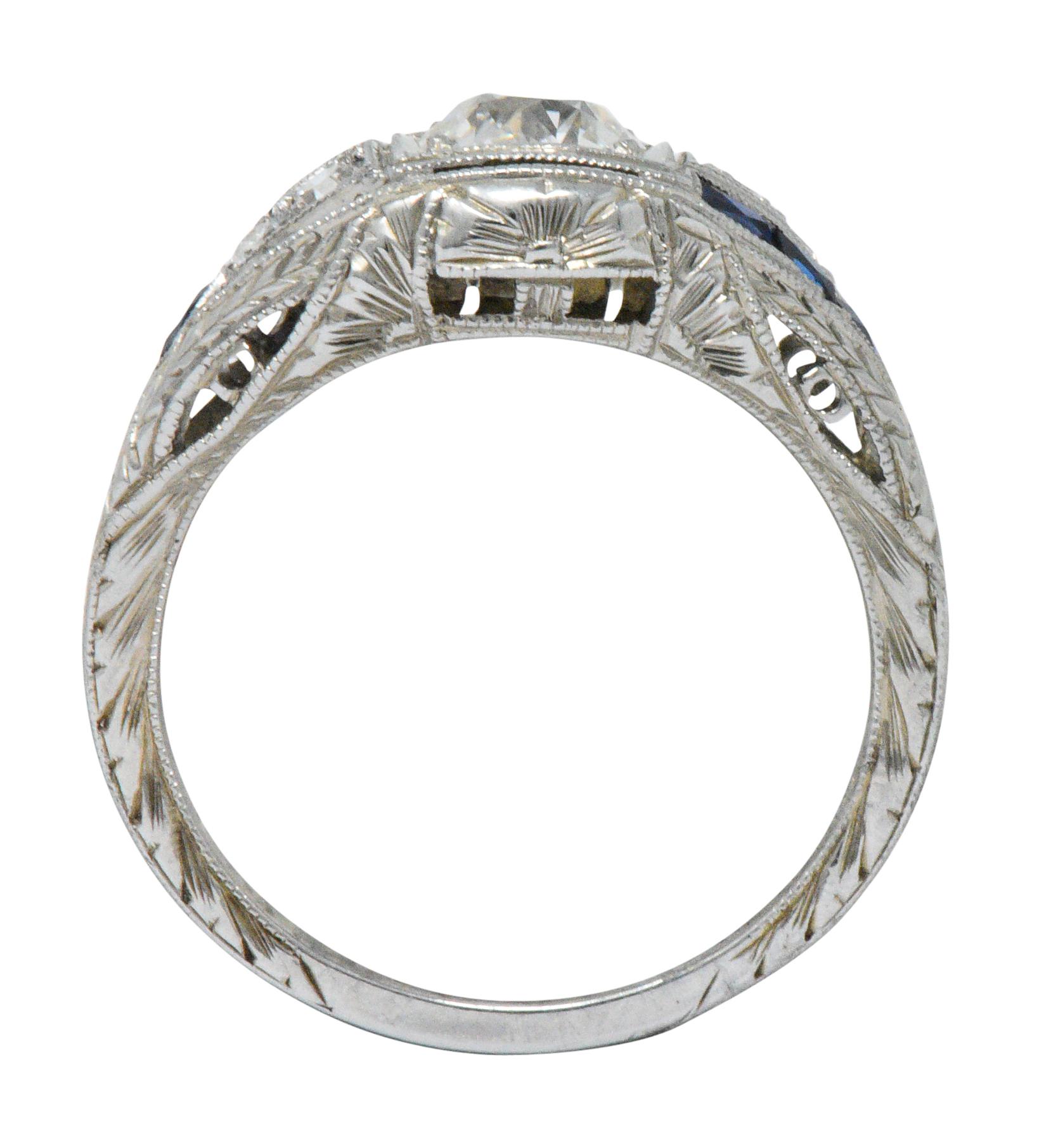 Art Deco 0.60 Carat Diamond Sapphire Platinum Floral Engagement Ring 4