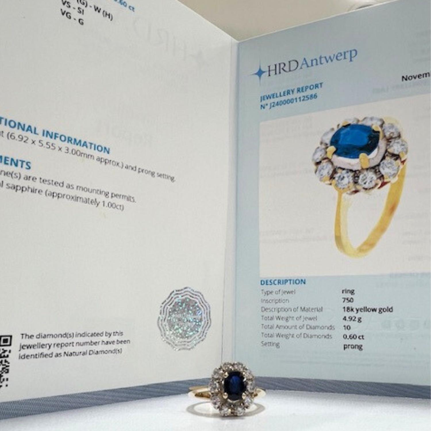 Anillo Art Déco de oro de 18 quilates con 0,60 quilates de diamantes y 1 quilate de zafiro natural en venta 2