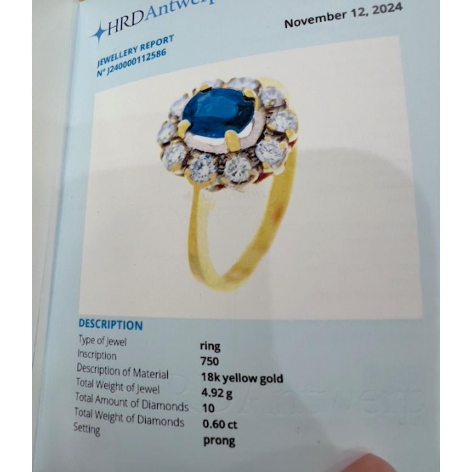 Anillo Art Déco de oro de 18 quilates con 0,60 quilates de diamantes y 1 quilate de zafiro natural en venta 3