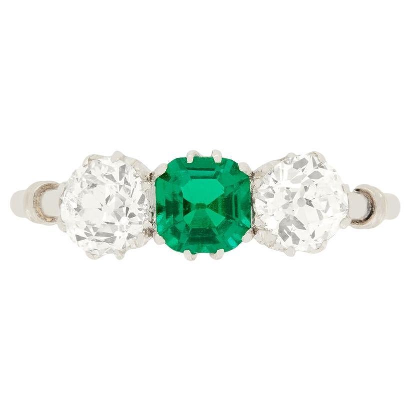 Art Deco 0.60 Carat Emerald and Diamond Three Stone Ring, c.1920s