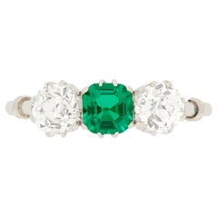 Antique Art Deco 0.60 Carat Emerald and Diamond Three Stone Ring, c.1920s