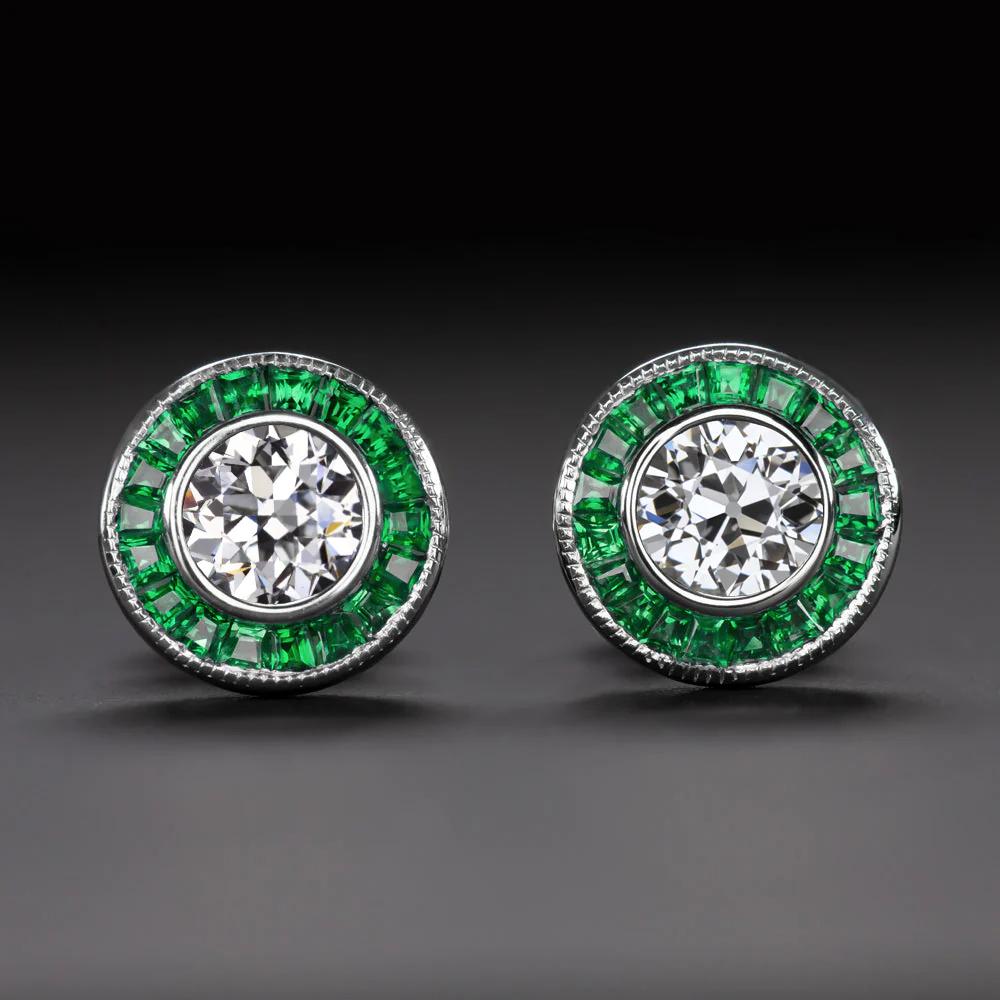 Art Deco 0.60ct Old Euro Diamond & Emerald Stud Earrings in 14K White Gold