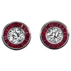 Art Deco 0,60ct Old Euro Diamant & Rubin Ohrstecker aus 14K Weißgold