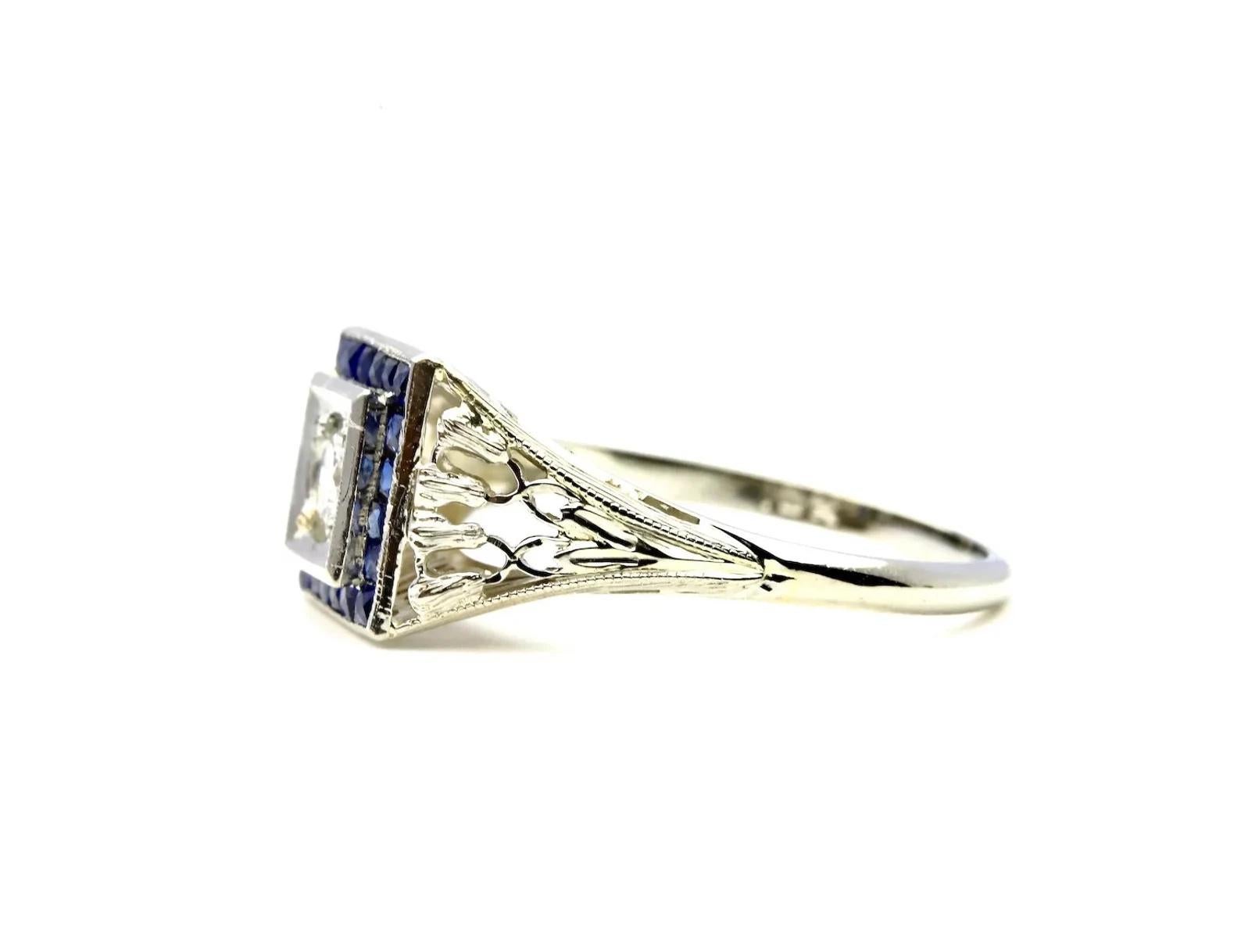 Old European Cut Art Deco 0.60ctw Diamond & French Cut Sapphire Halo Ring in 18K White Gold For Sale