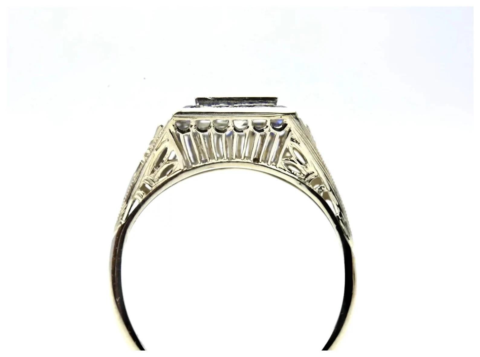 Art Deco 0.60ctw Diamond & French Cut Sapphire Halo Ring in 18K White Gold In Good Condition For Sale In Boston, MA