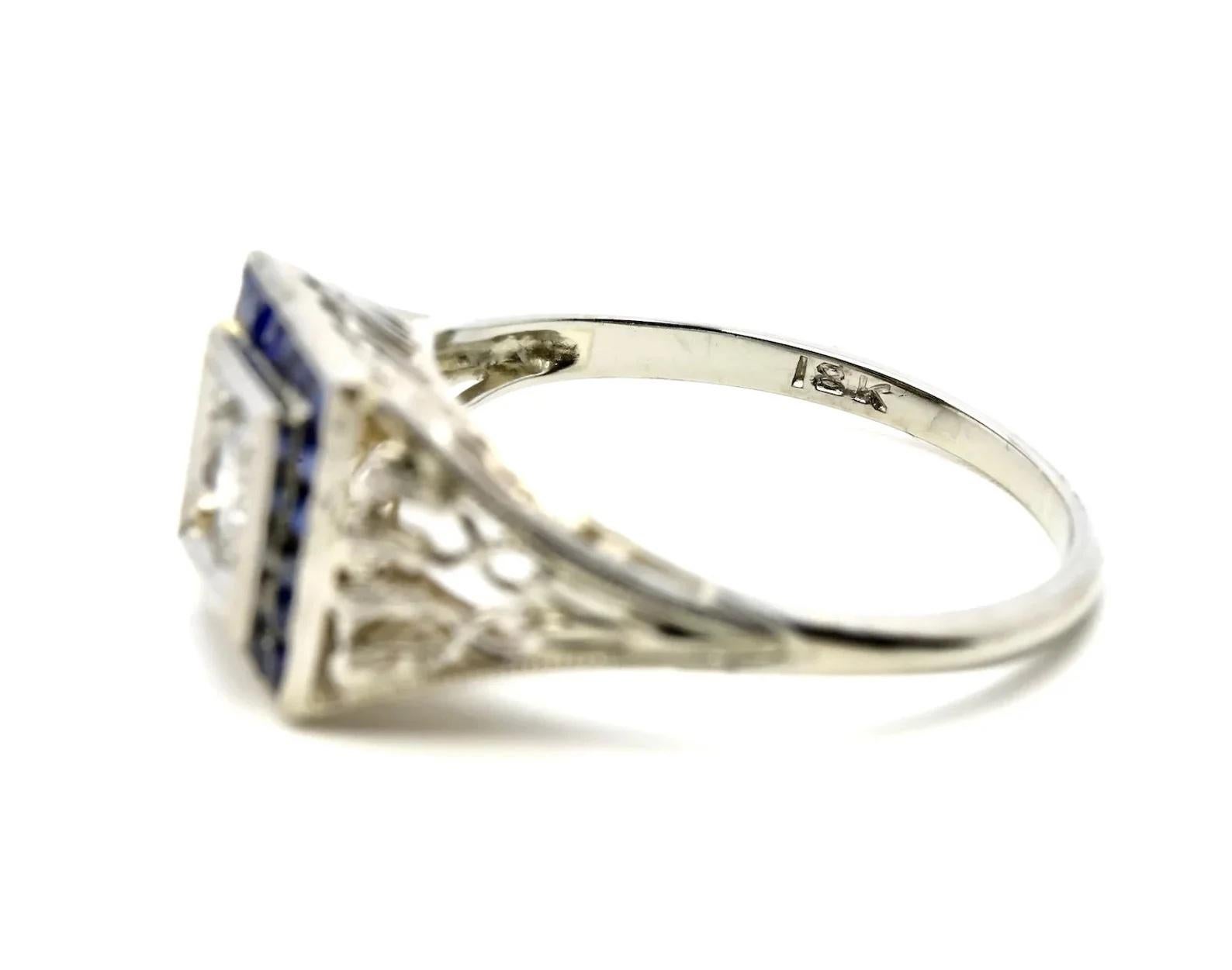 Women's Art Deco 0.60ctw Diamond & French Cut Sapphire Halo Ring in 18K White Gold For Sale