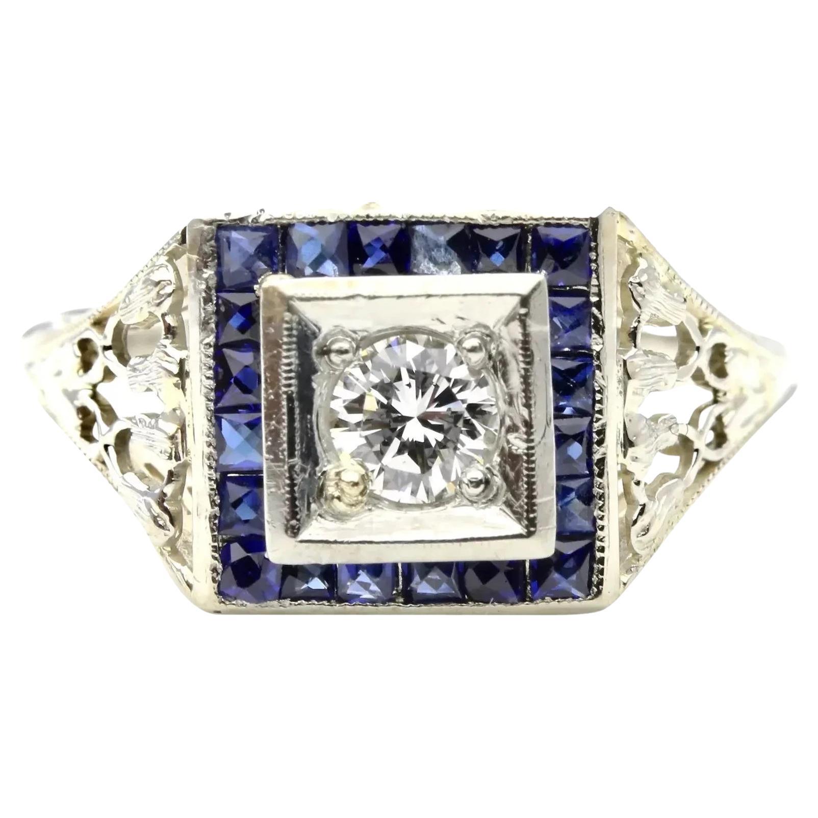 Art Deco 0.60ctw Diamond & French Cut Sapphire Halo Ring in 18K White Gold For Sale