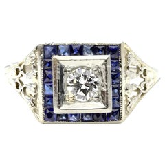 Art Deco 0,60 ct Diamant & Saphir im französischen Schliff Halo-Ring aus 18K Weißgold