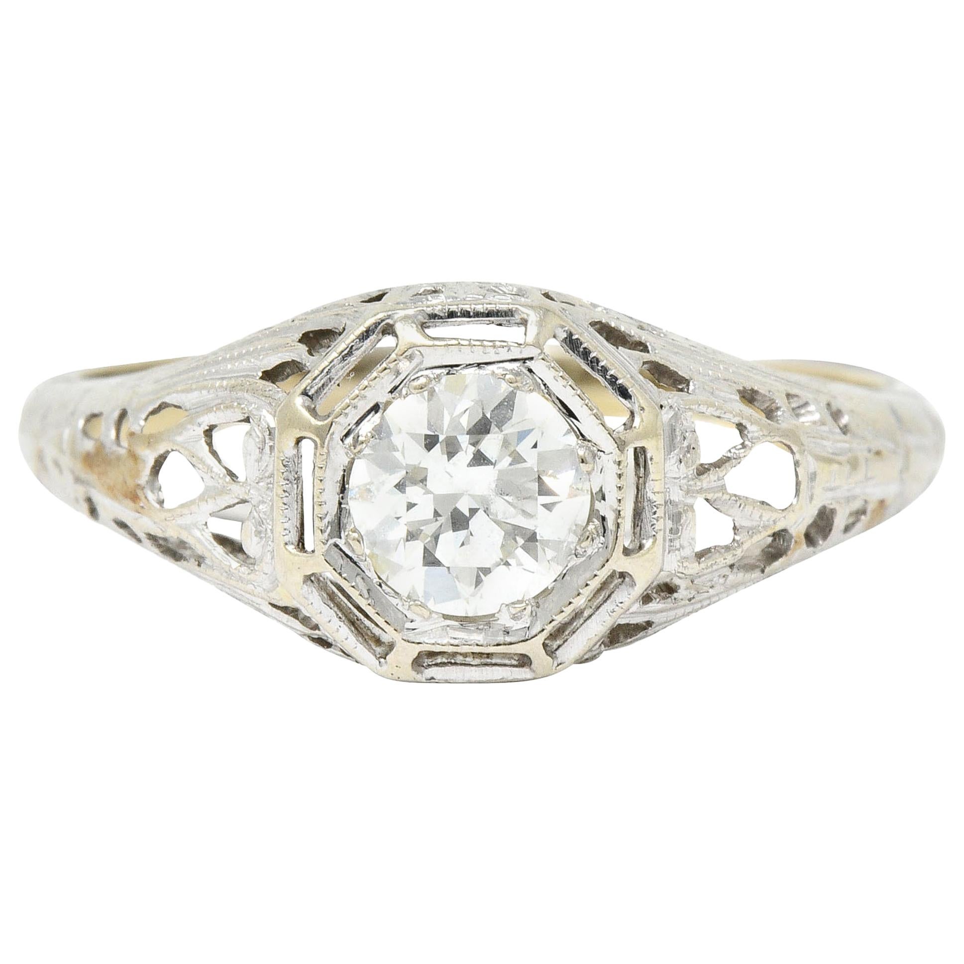 Art Deco 0.61 Carat Diamond 18 Karat White Gold Filigree Engagement Ring